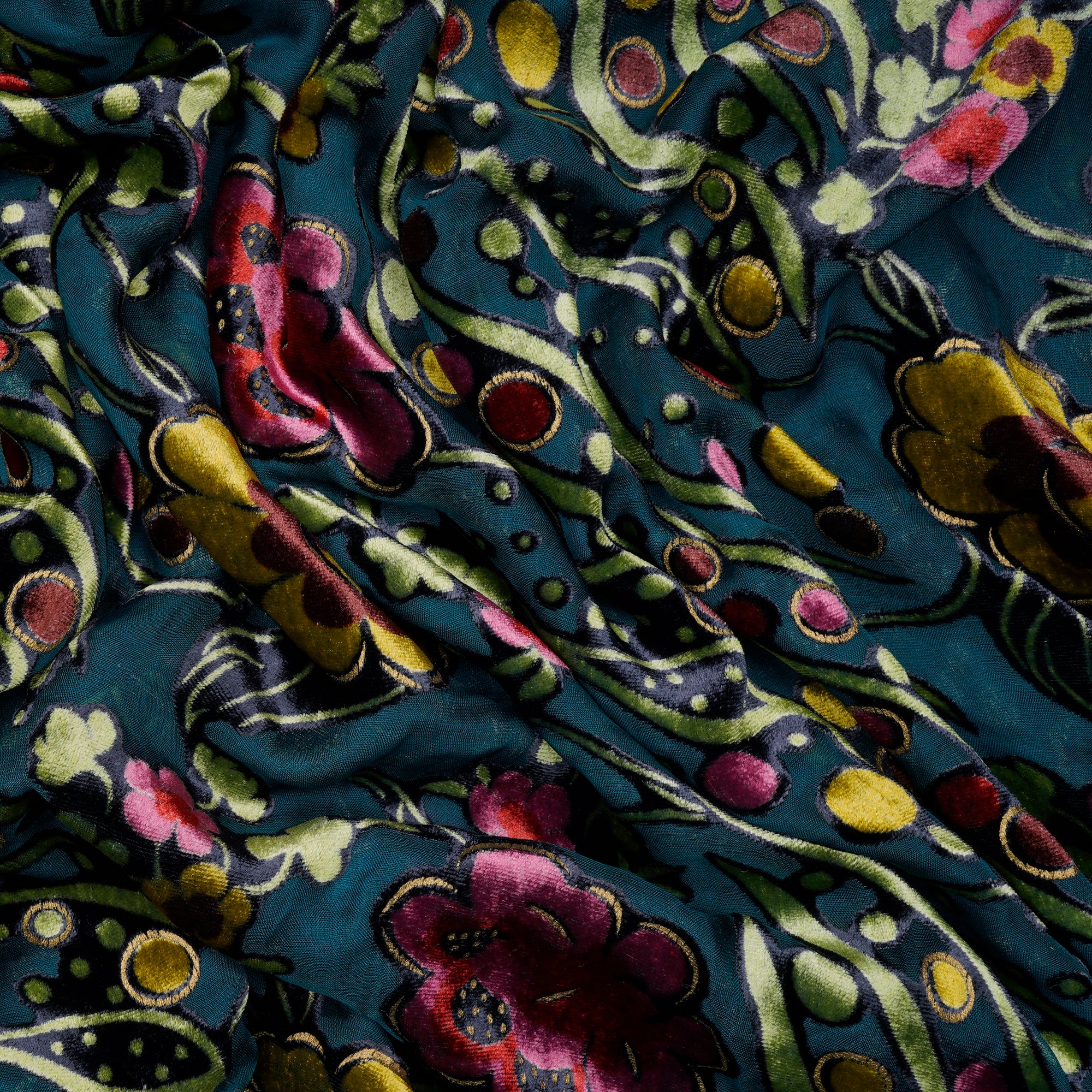 Dark Green Floral Pattern Digital Printed Burn-Out (Devore) Silk Velvet Fabric