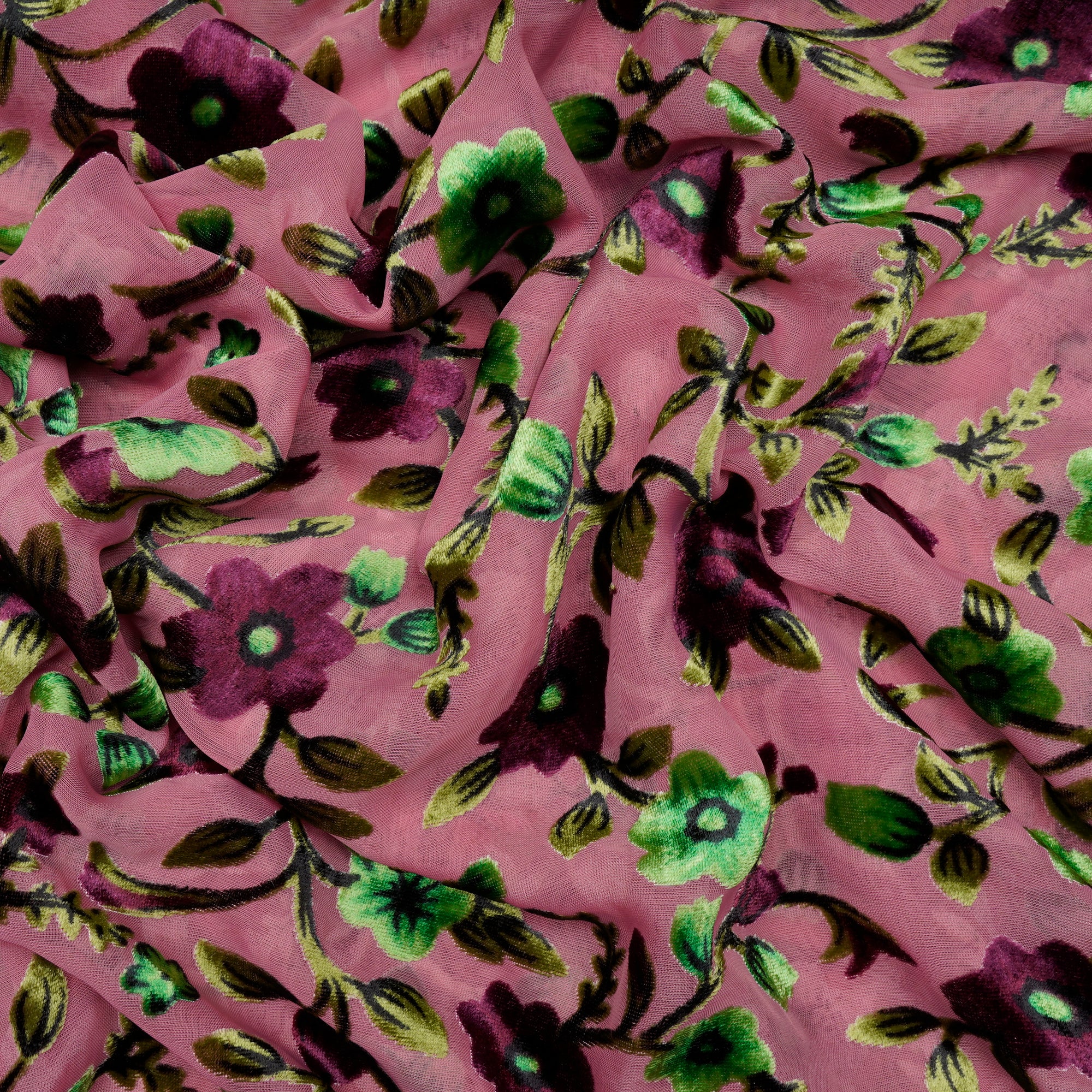 Dark Pink Floral Pattern Digital Printed Burn-Out (Devore) Silk Velvet Fabric
