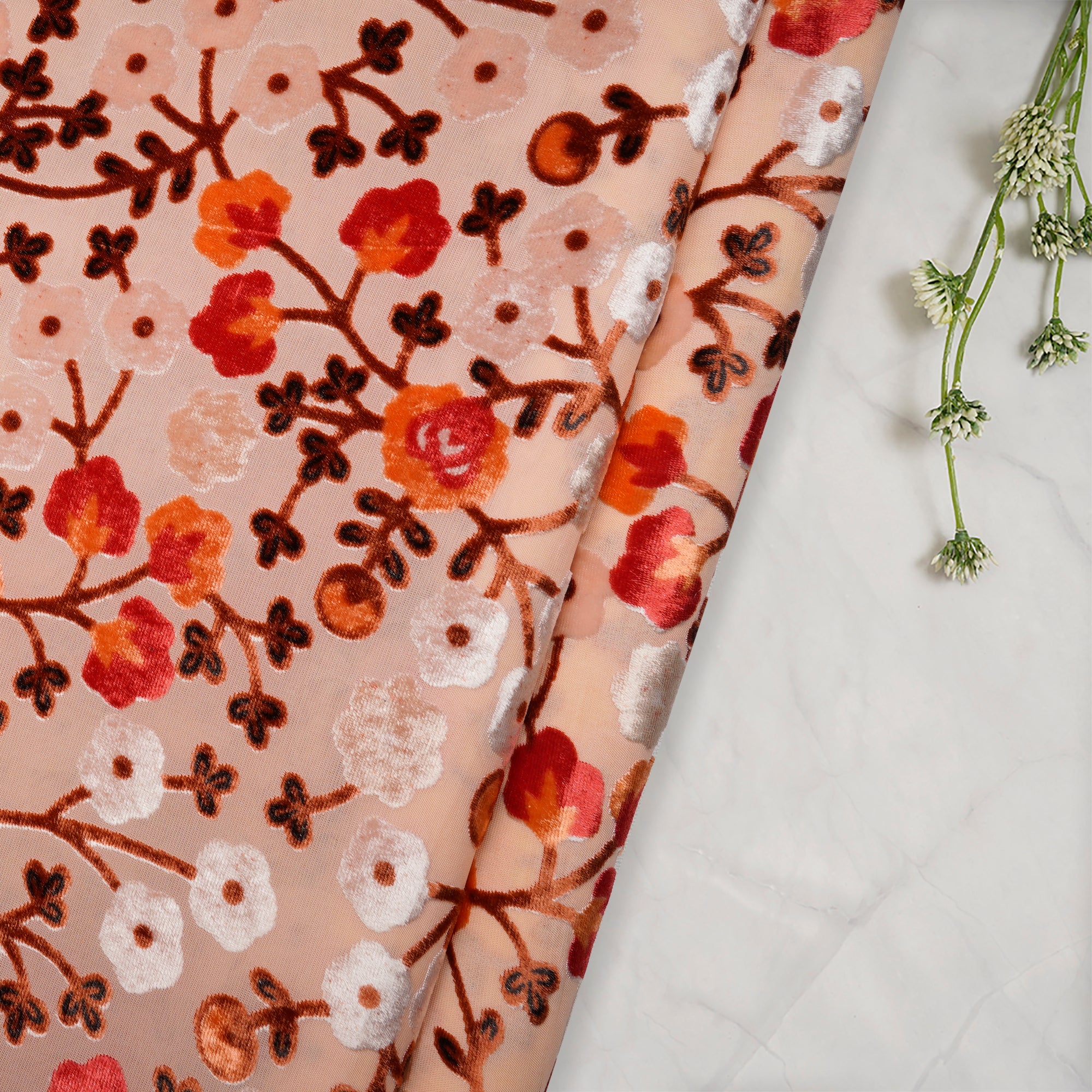 Spanish Villa Floral Pattern Digital Printed Burn-Out (Devore) Silk Velvet Fabric