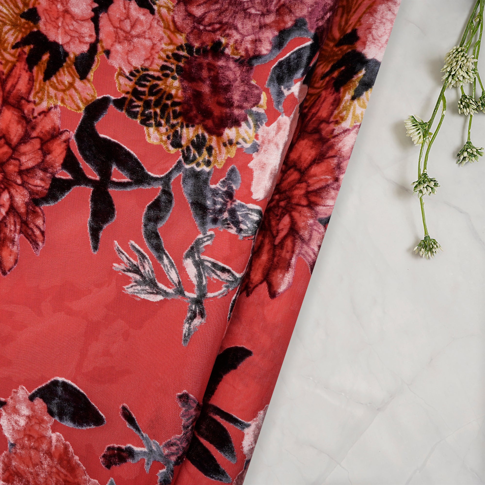 Red Floral Pattern Digital Printed Burn-Out (Devore) Silk Velvet Fabric