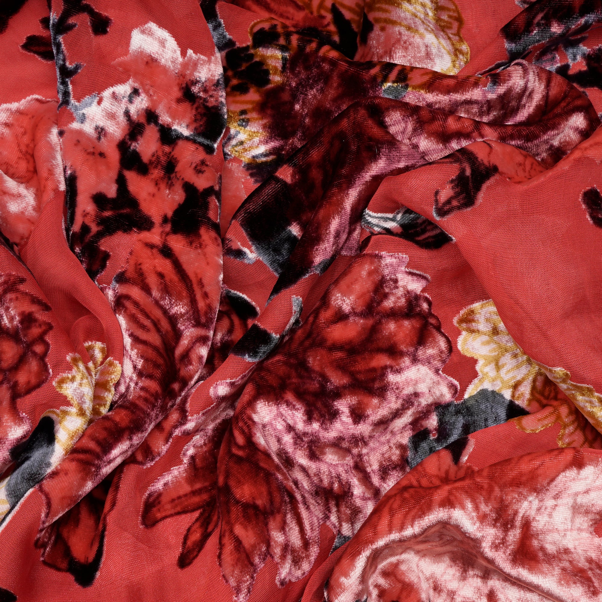 Red Floral Pattern Digital Printed Burn-Out (Devore) Silk Velvet Fabric