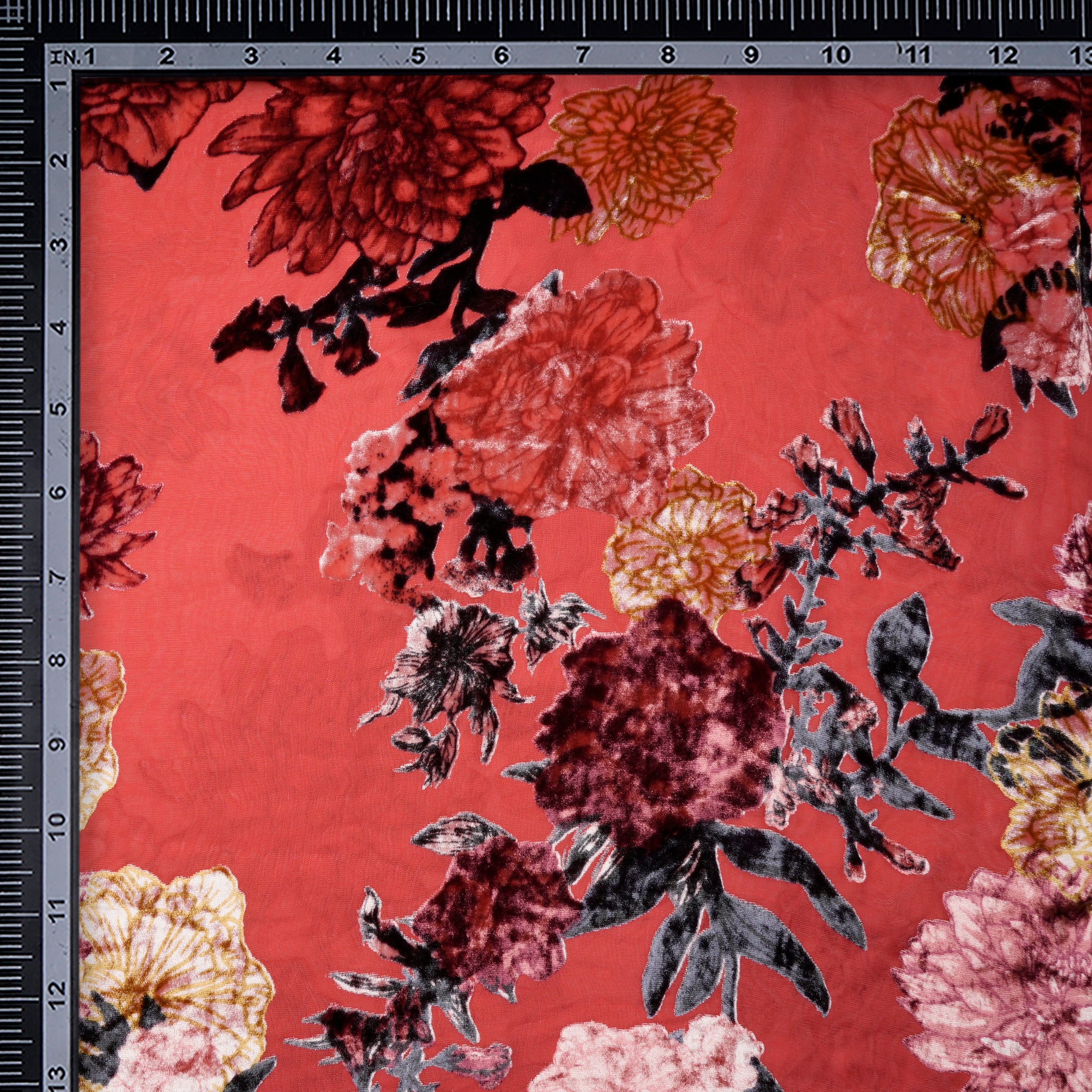 Red Floral Pattern Digital Printed Burn-Out (Devore) Silk Velvet Fabric