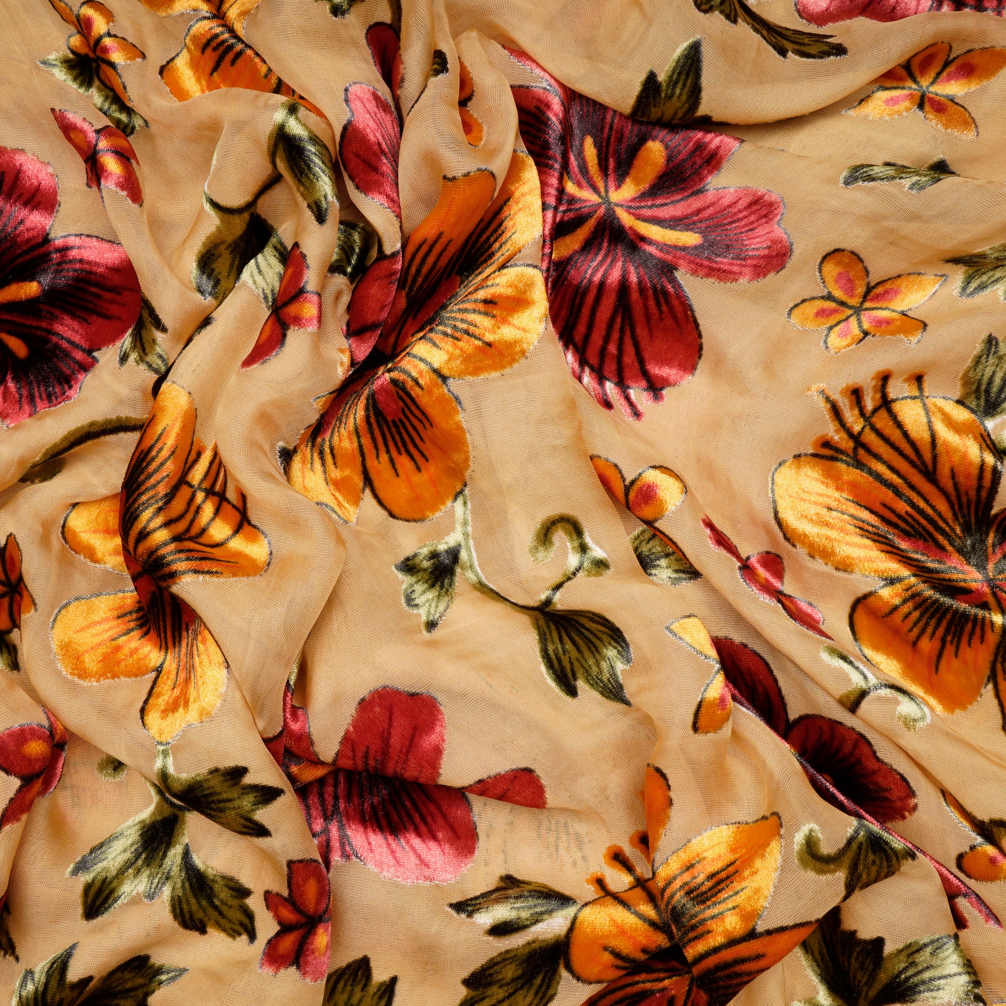 Yellow Floral Pattern Digital Printed Burn-Out (Devore) Silk Velvet Fabric
