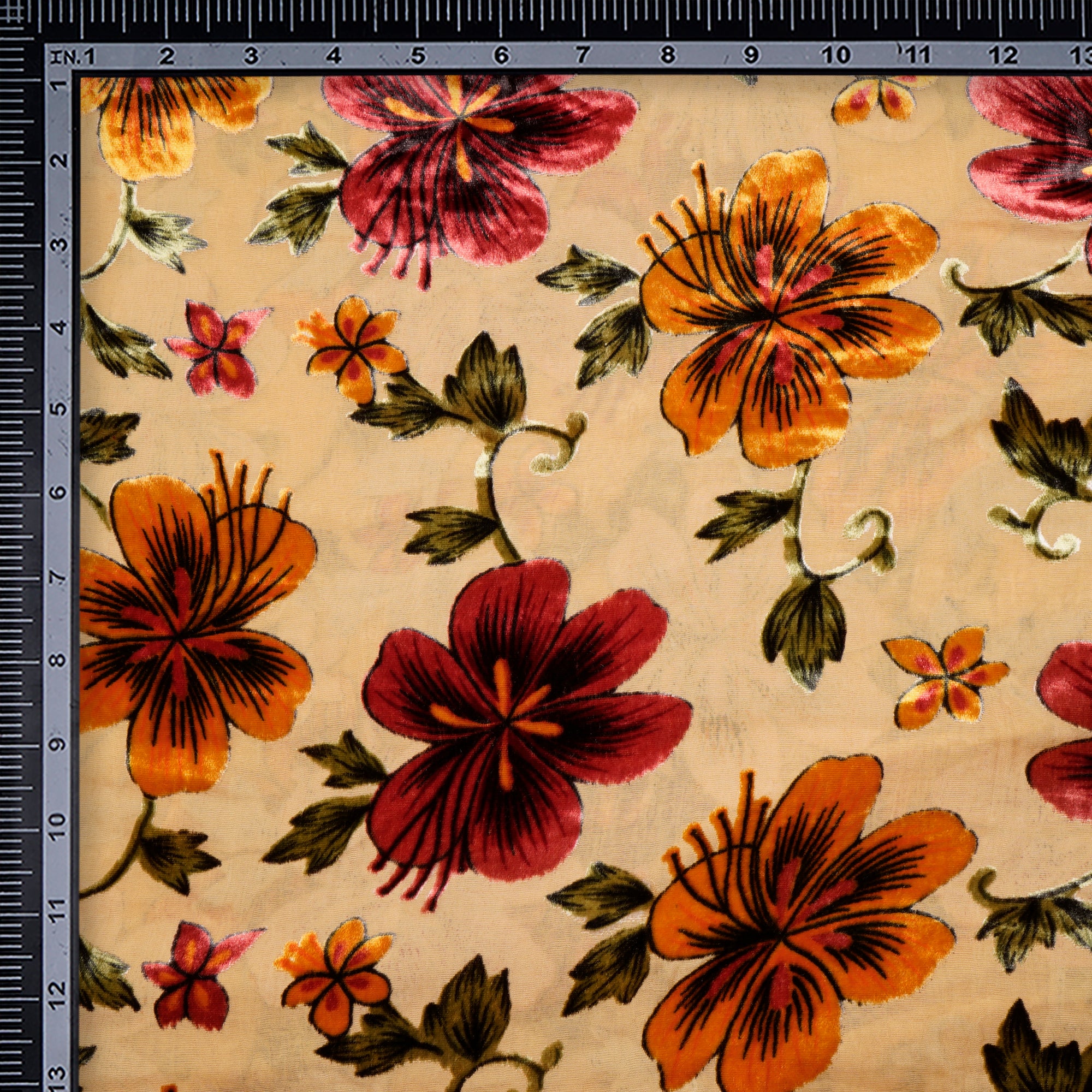 Yellow Floral Pattern Digital Printed Burn-Out (Devore) Silk Velvet Fabric