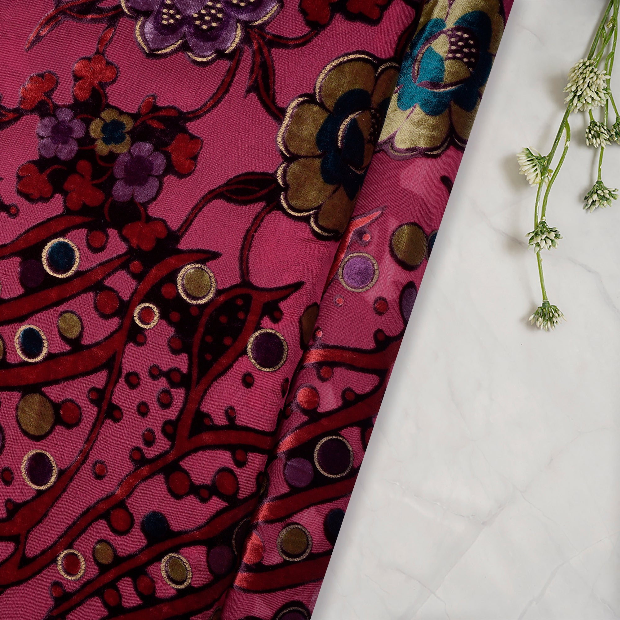Jazzy Floral Pattern Digital Printed Burn-Out (Devore) Silk Velvet Fabric