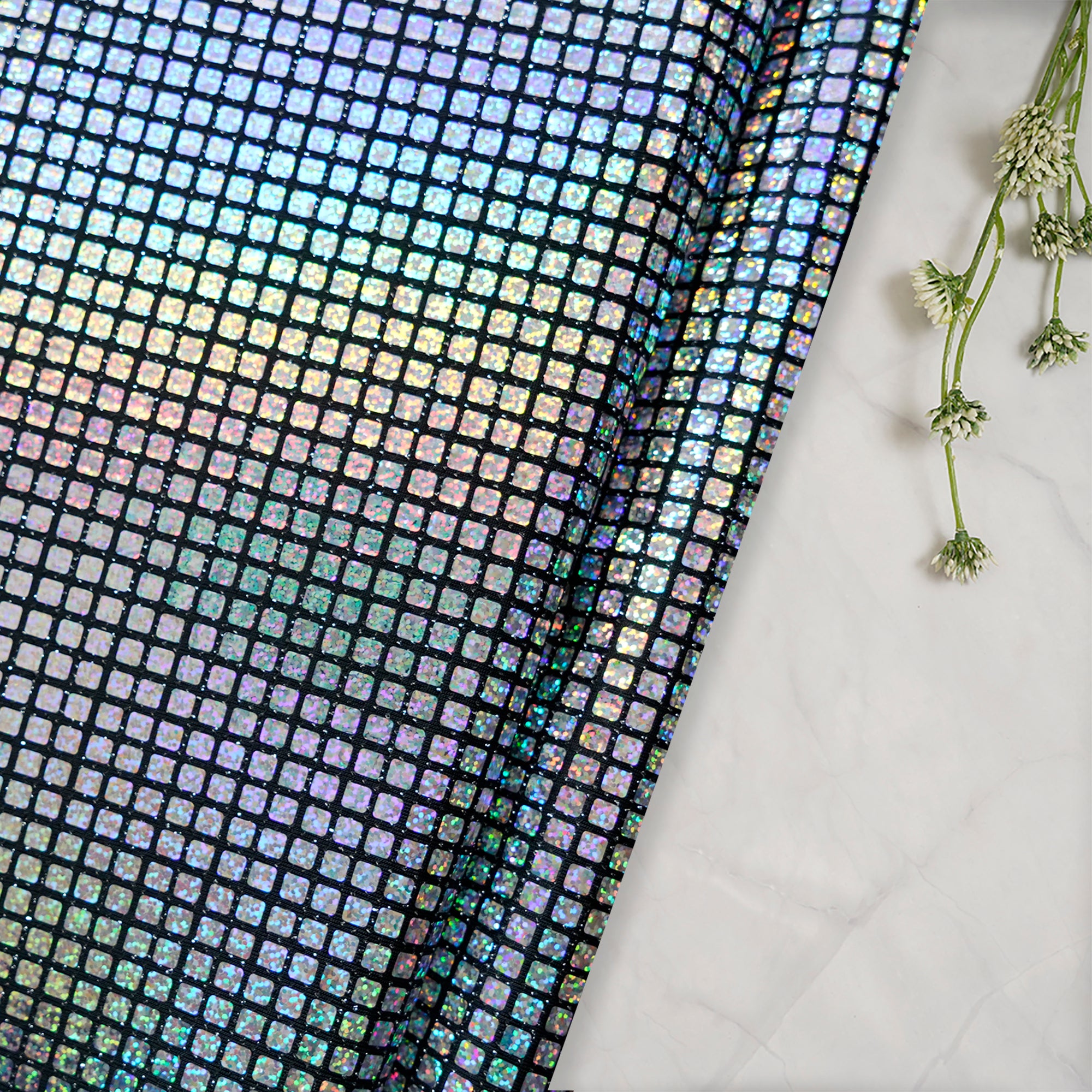 Silver Geometric Pattern Imported Fancy Glitter Foil Fabric