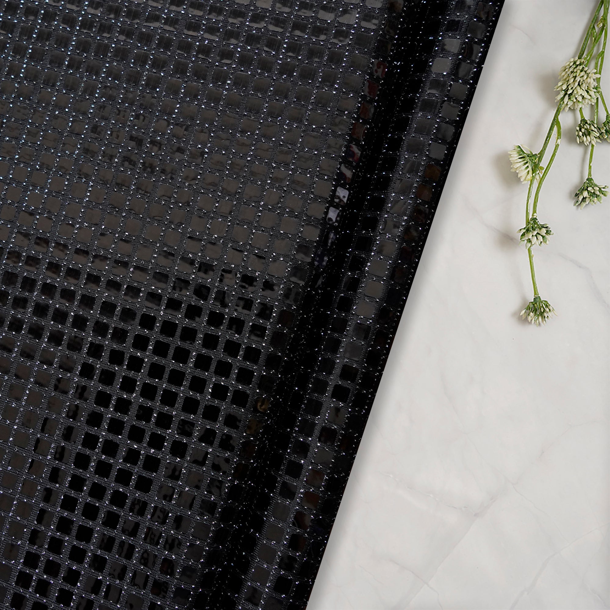 Black Geometric Pattern Imported Fancy Glitter Foil Fabric