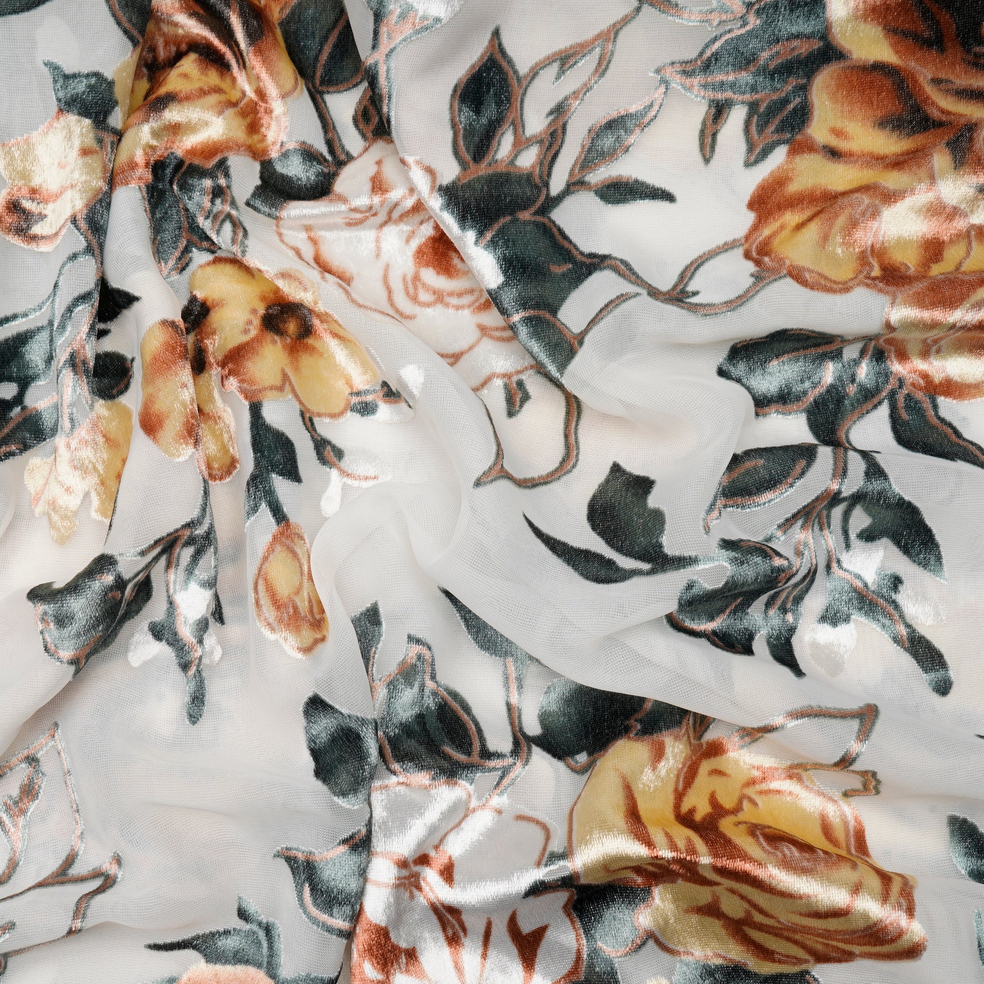 White Floral Pattern Digital Printed Burn-Out (Devore) Poly Velvet Fabric