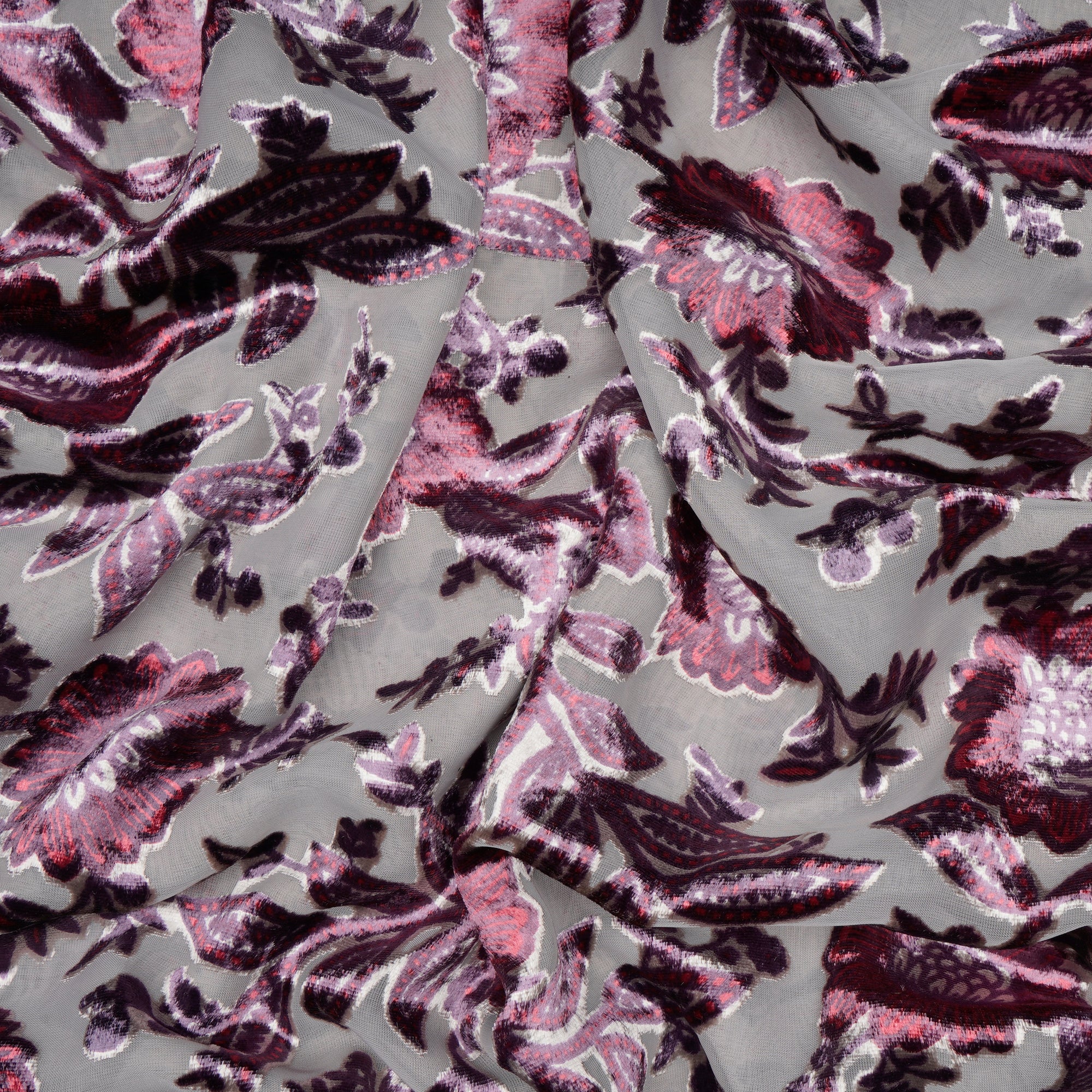 Dark Grey Floral Pattern Digital Printed Burn-Out (Devore) Poly Velvet Fabric