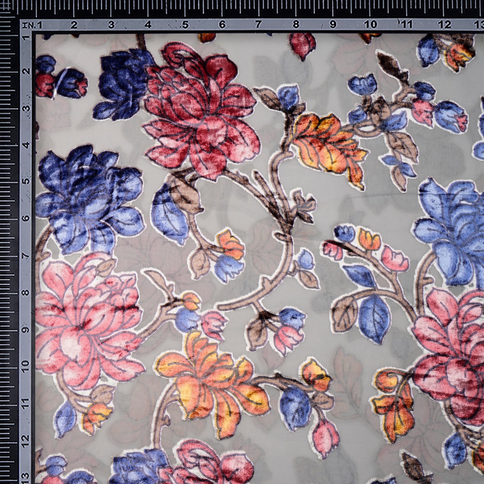 Light Grey Floral Pattern Digital Printed Burn-Out (Devore) Poly Velvet Fabric