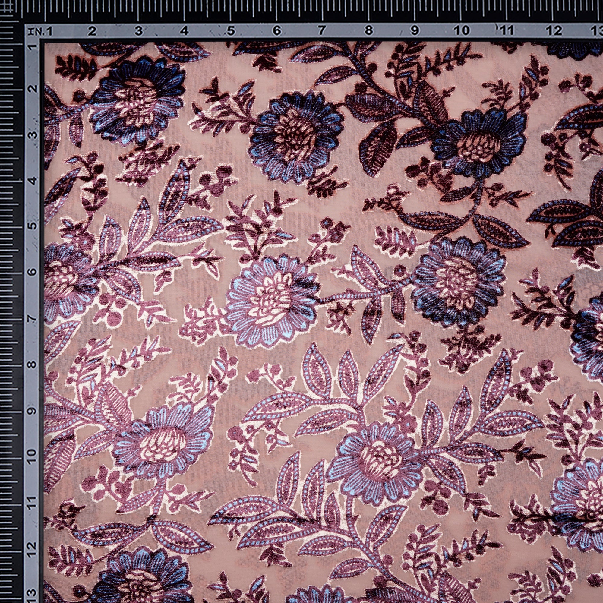 Peach Floral Pattern Digital Printed Burn-Out (Devore) Poly Velvet Fabric