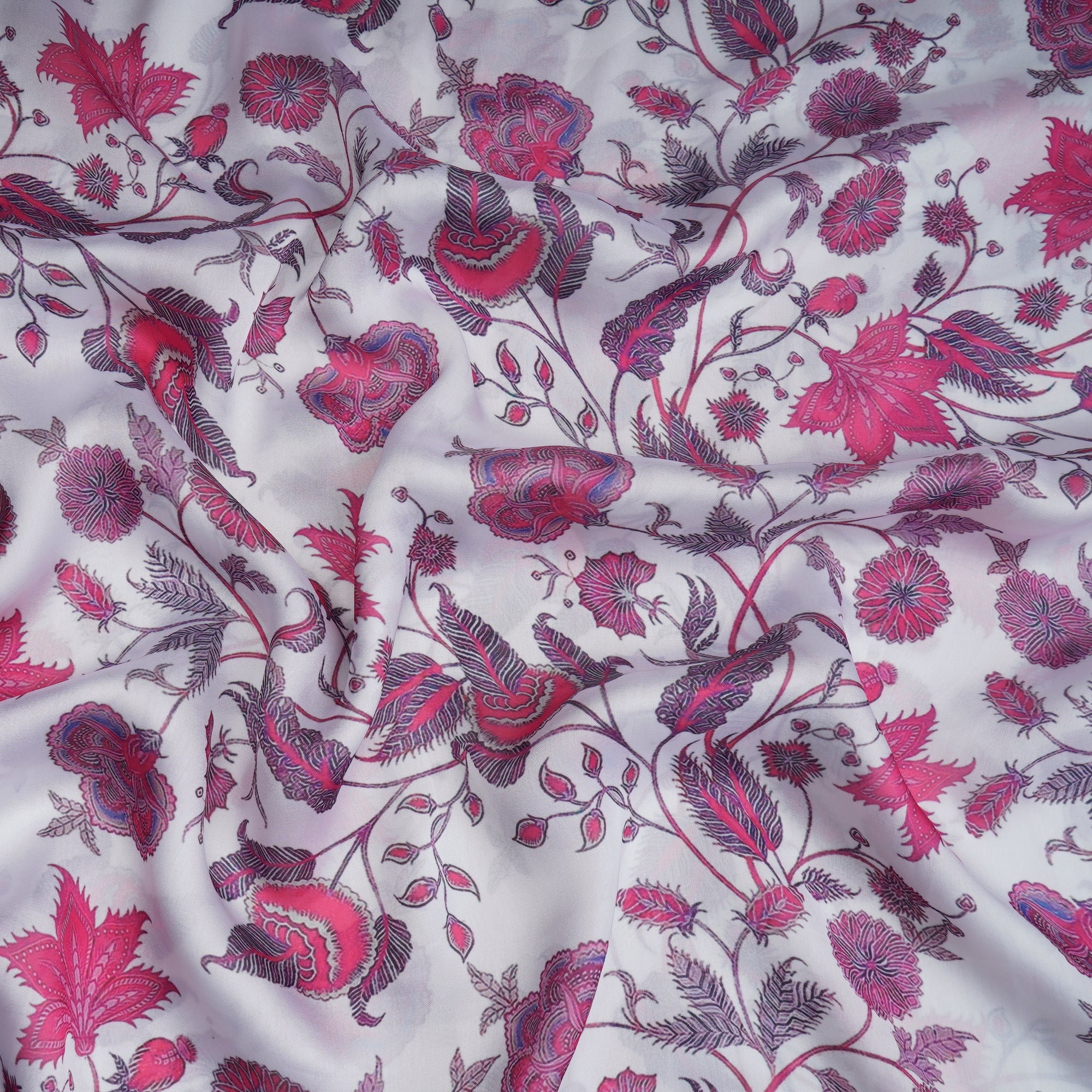 White Floral Pattern Printed Georgette Satin Fabric