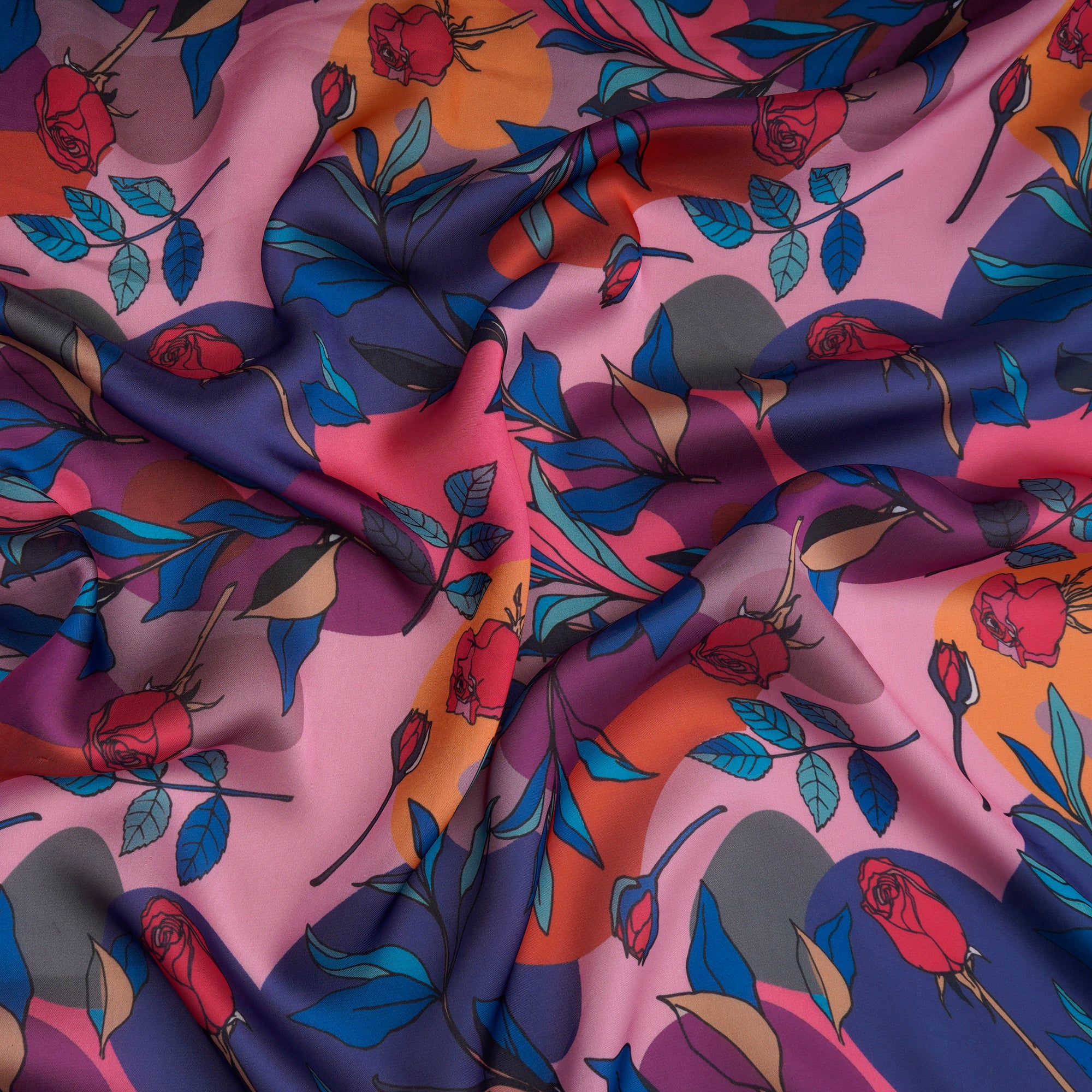 Multi Color Leaf Pattern Printed Georgette Satin Fabric