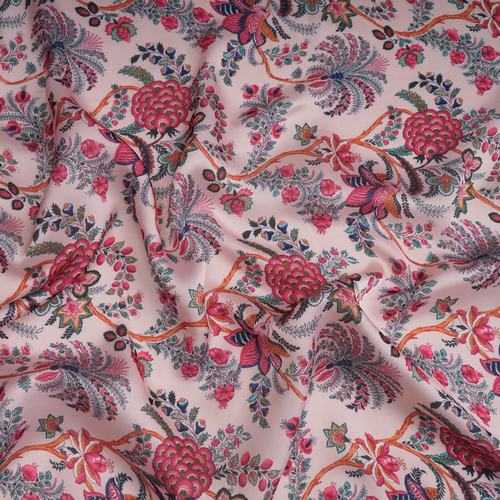 Powder Pink Floral Pattern Printed Georgette Satin Fabric