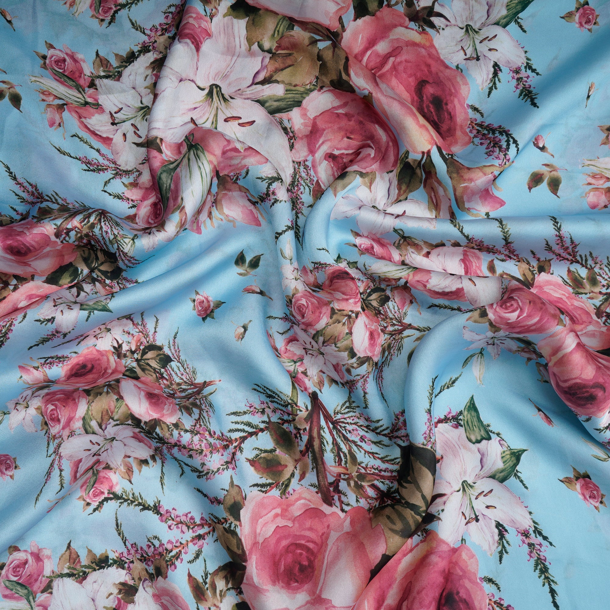 Light Blue Floral Pattern Printed Georgette Satin Fabric