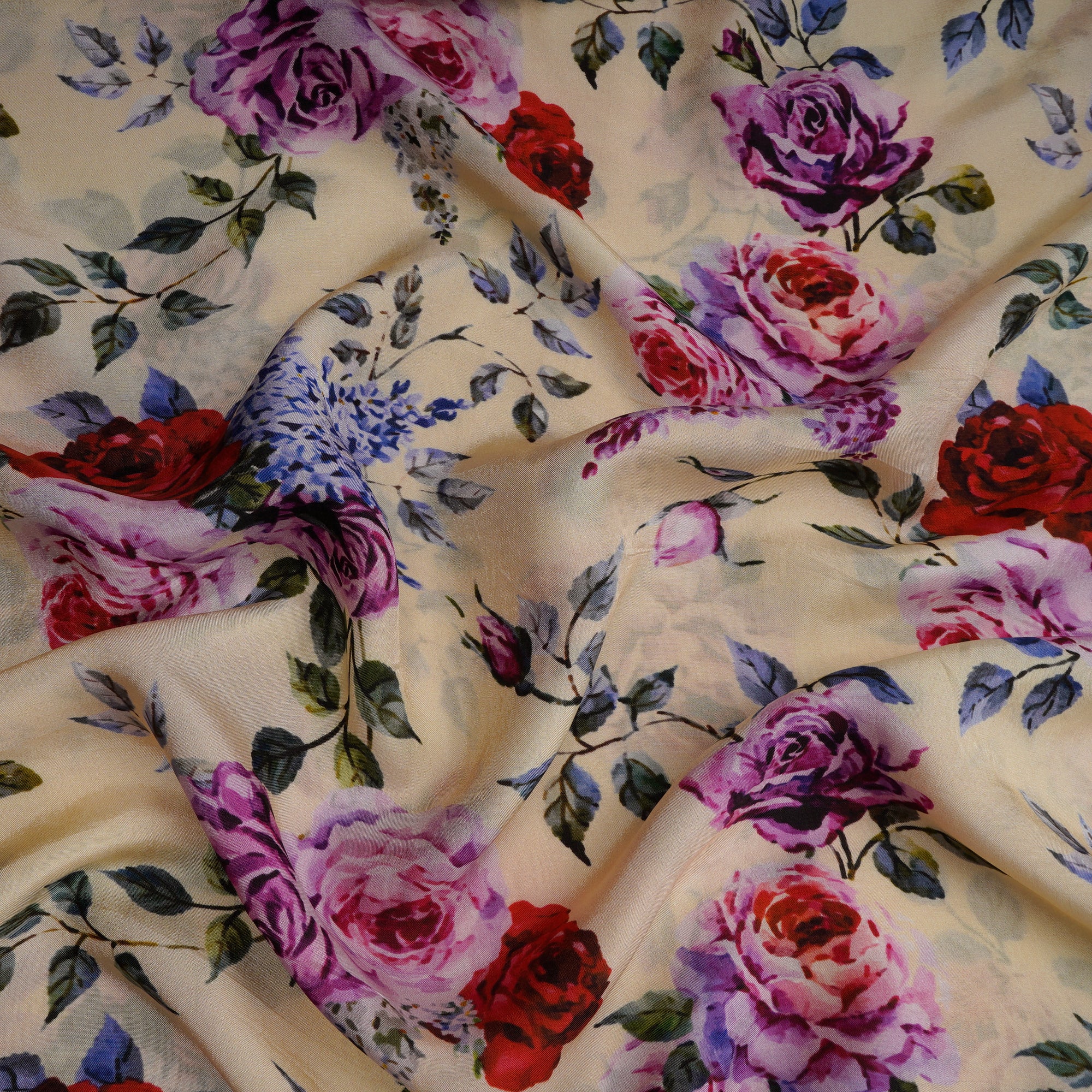 Beige Floral Pattern Printed Georgette Satin Fabric