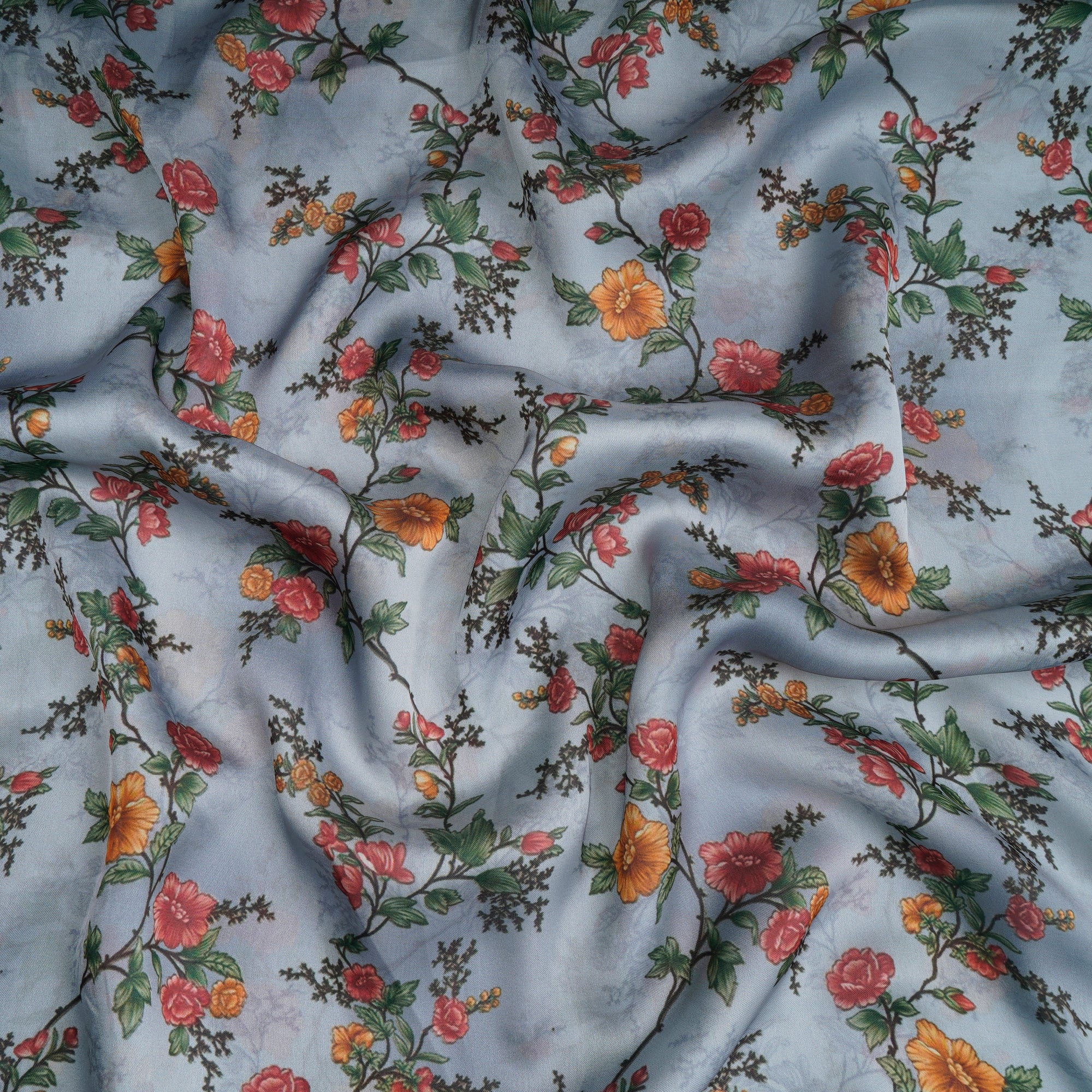 Light Grey Floral Pattern Printed Georgette Satin Fabric