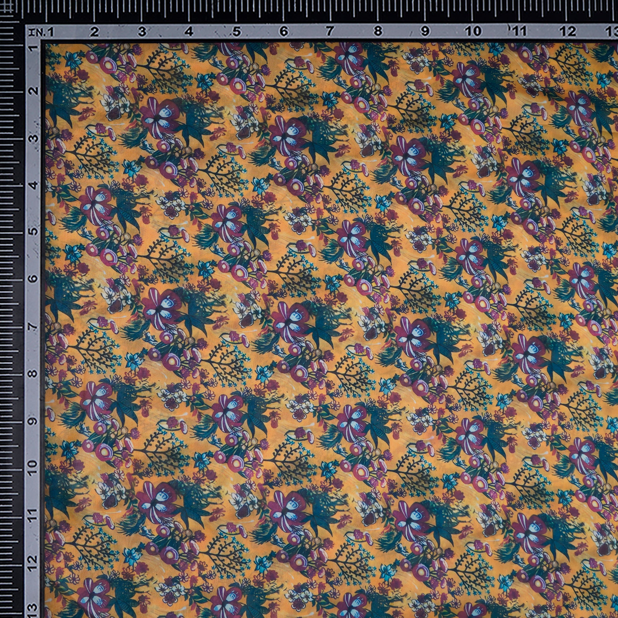 Yellow Floral Pattern Printed Georgette Satin Fabric