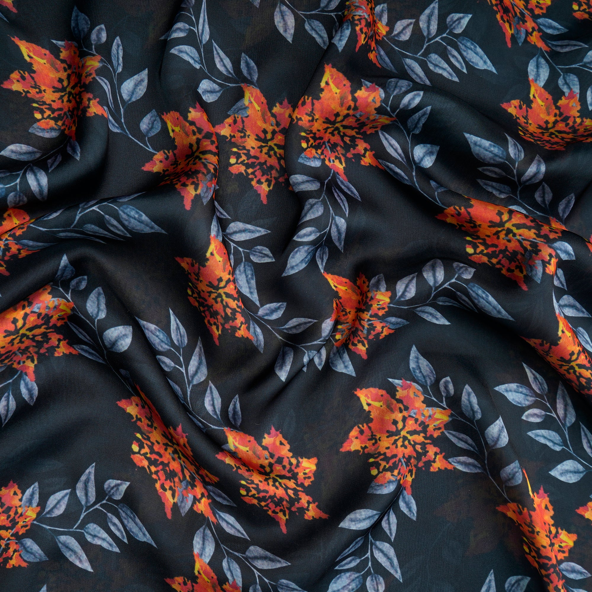 Grey Floral Pattern Printed Georgette Satin Fabric