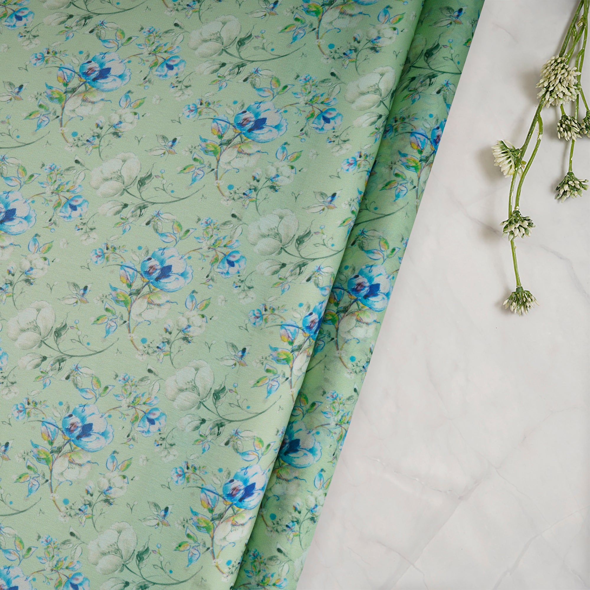 Mint Green Floral Pattern Printed Georgette Satin Fabric