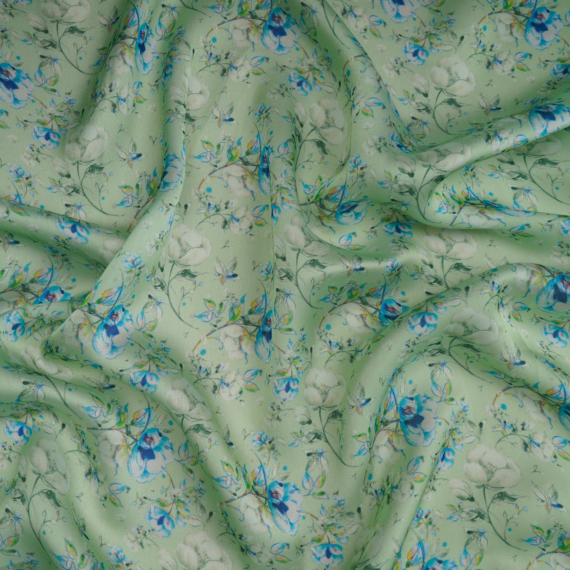 Mint Green Floral Pattern Printed Georgette Satin Fabric