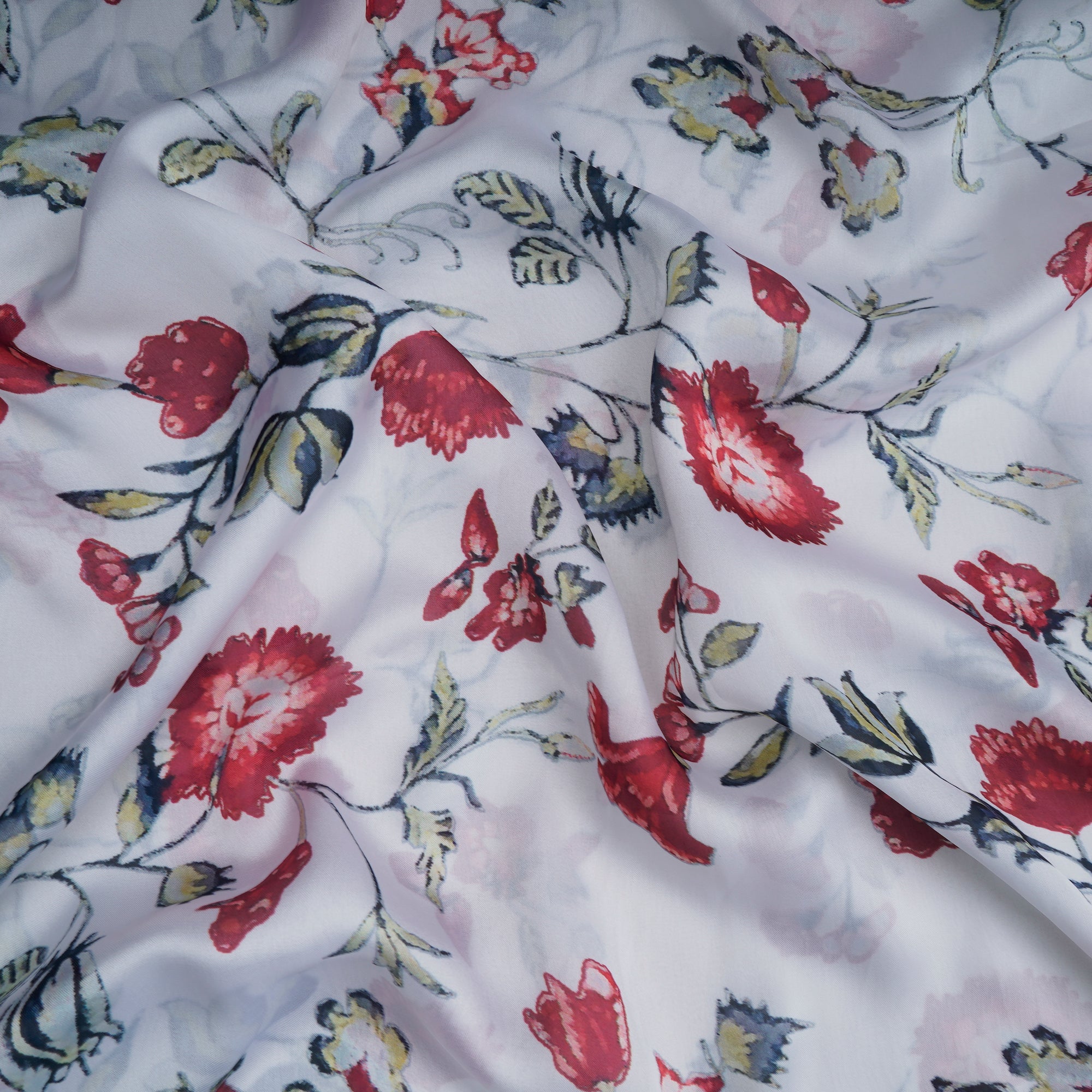 White Floral Pattern Printed Georgette Satin Fabric