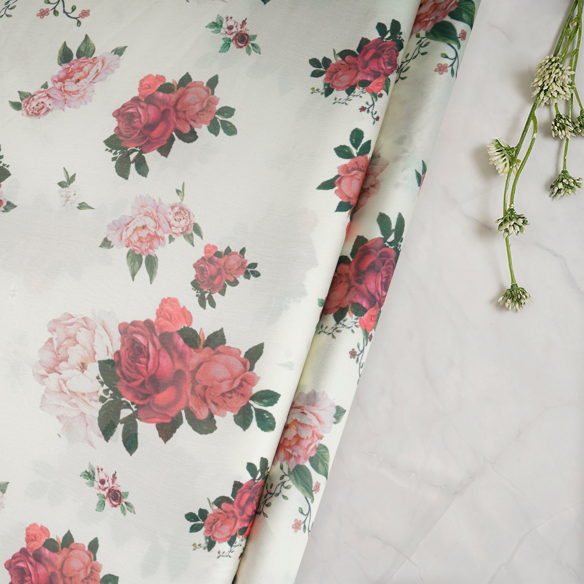 Sylvan Green Floral Pattern Printed Georgette Satin Fabric