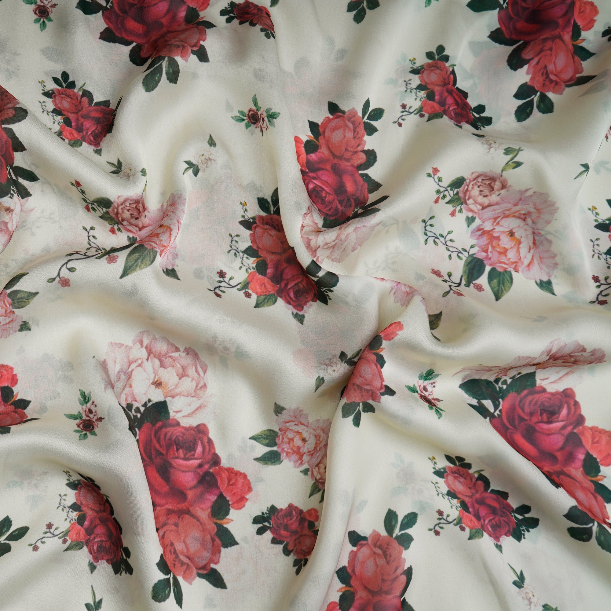 Sylvan Green Floral Pattern Printed Georgette Satin Fabric