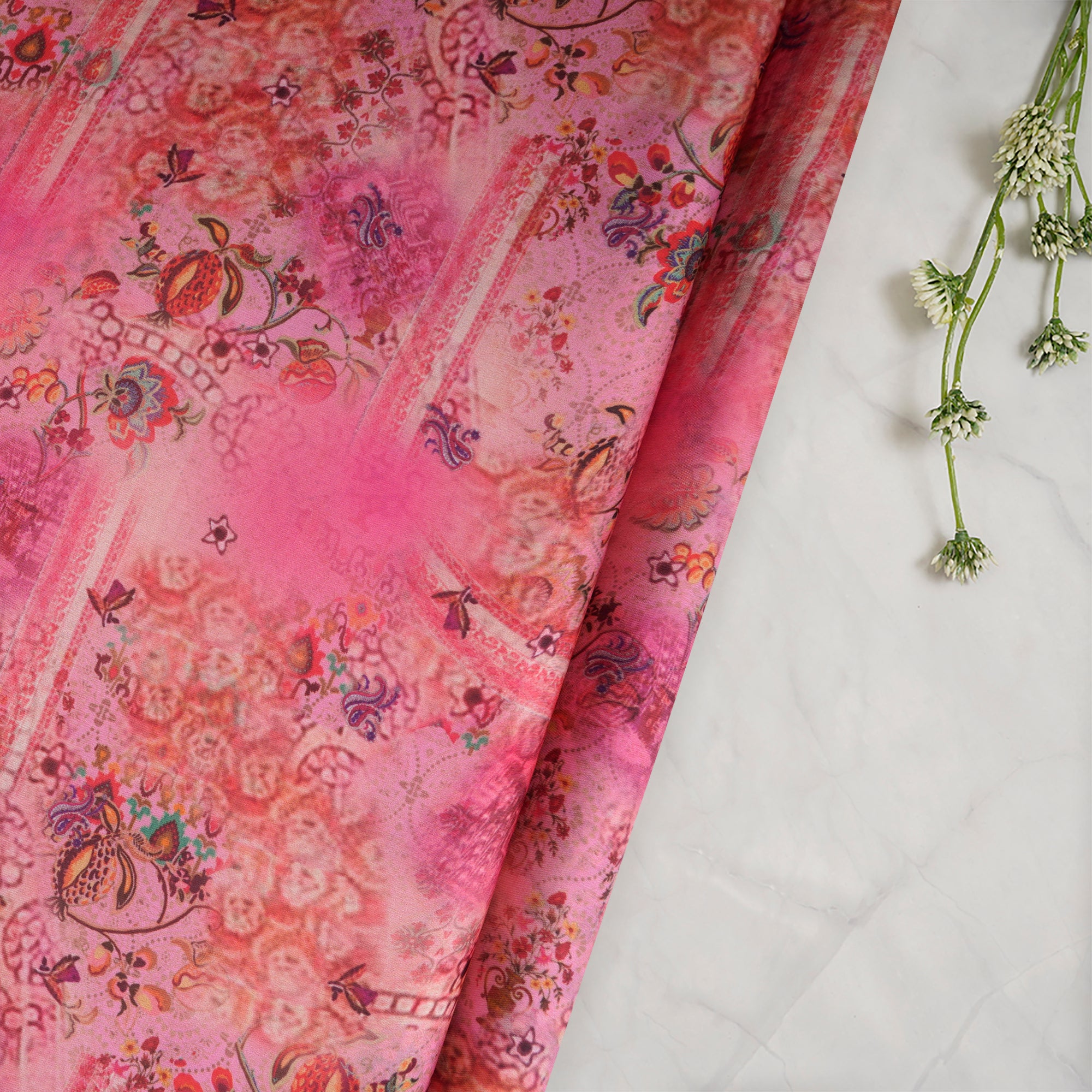 Light Pink Floral Pattern Printed Georgette Satin Fabric