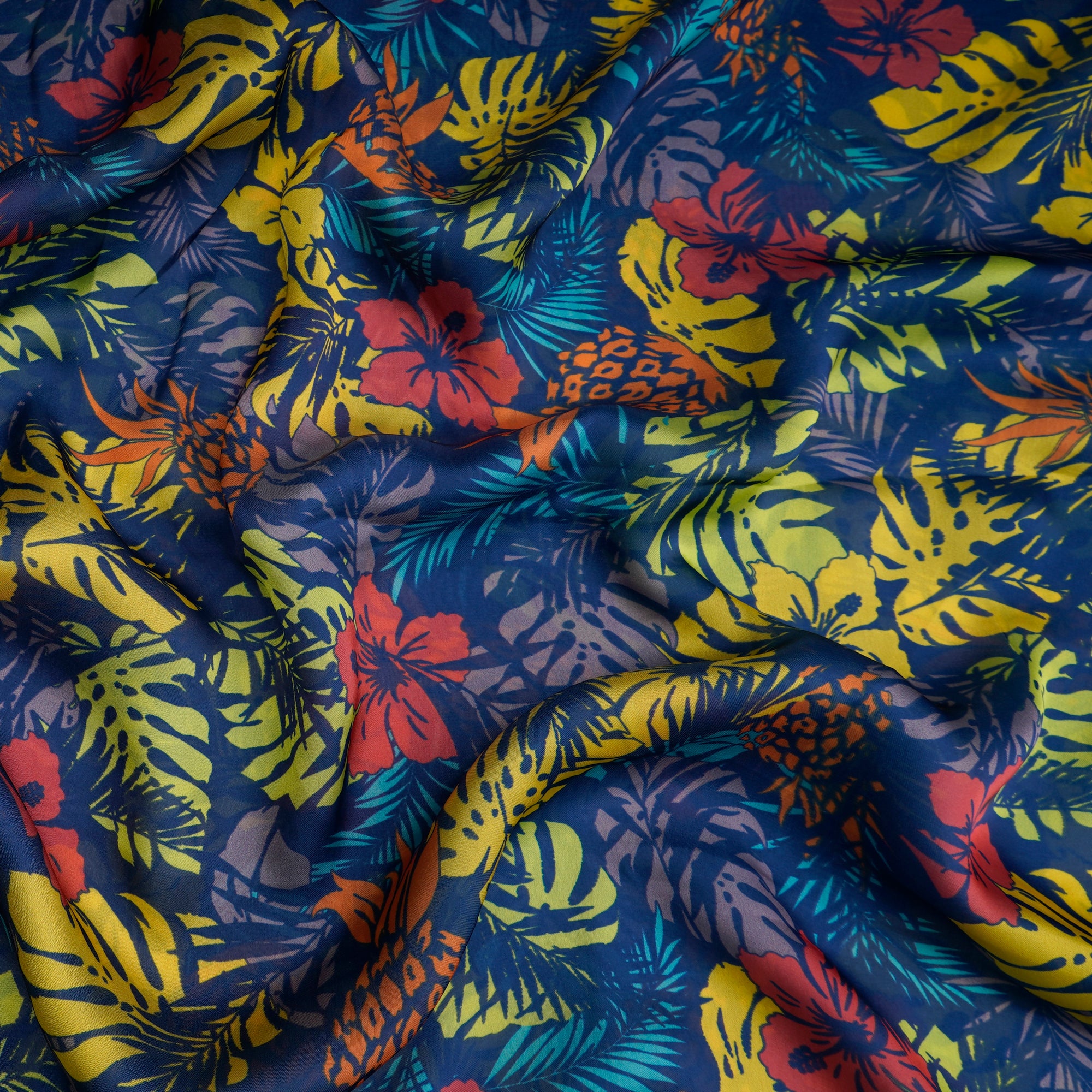 Navy Blue Leaf Pattern Printed Georgette Satin Fabric