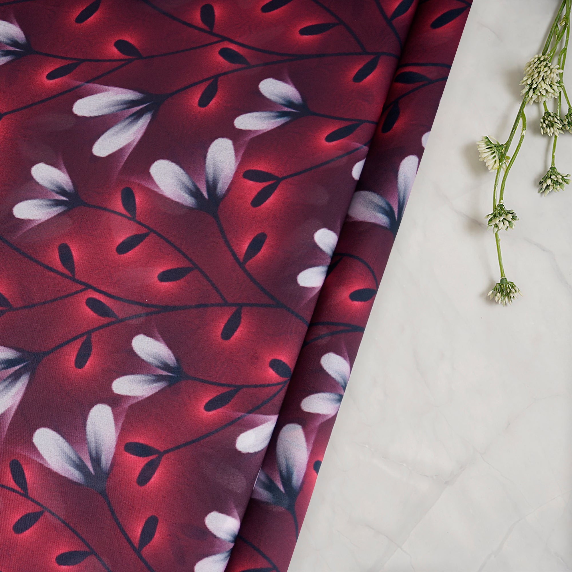 Dark Red Floral Pattern Printed Georgette Satin Fabric