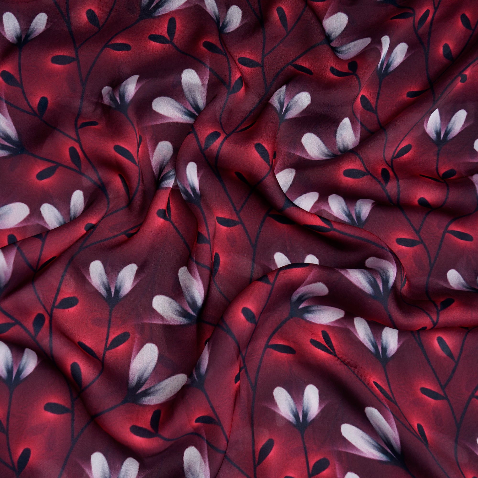 Dark Red Floral Pattern Printed Georgette Satin Fabric