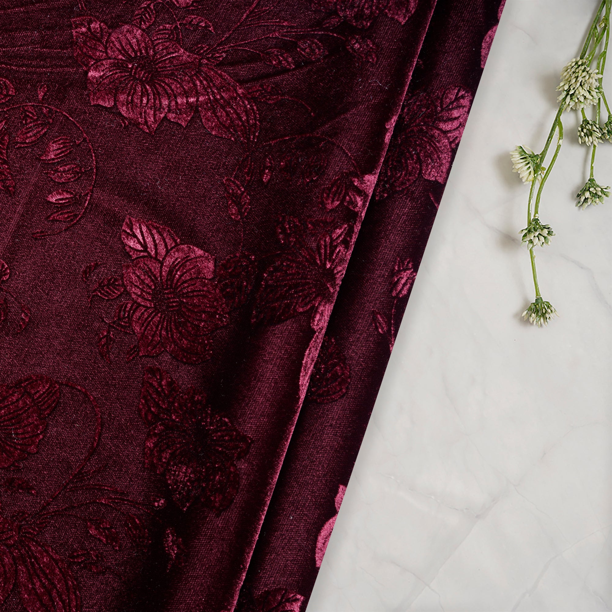 Tawny Port Floral Pattern Premium Embossed Printed Velvet Fabric