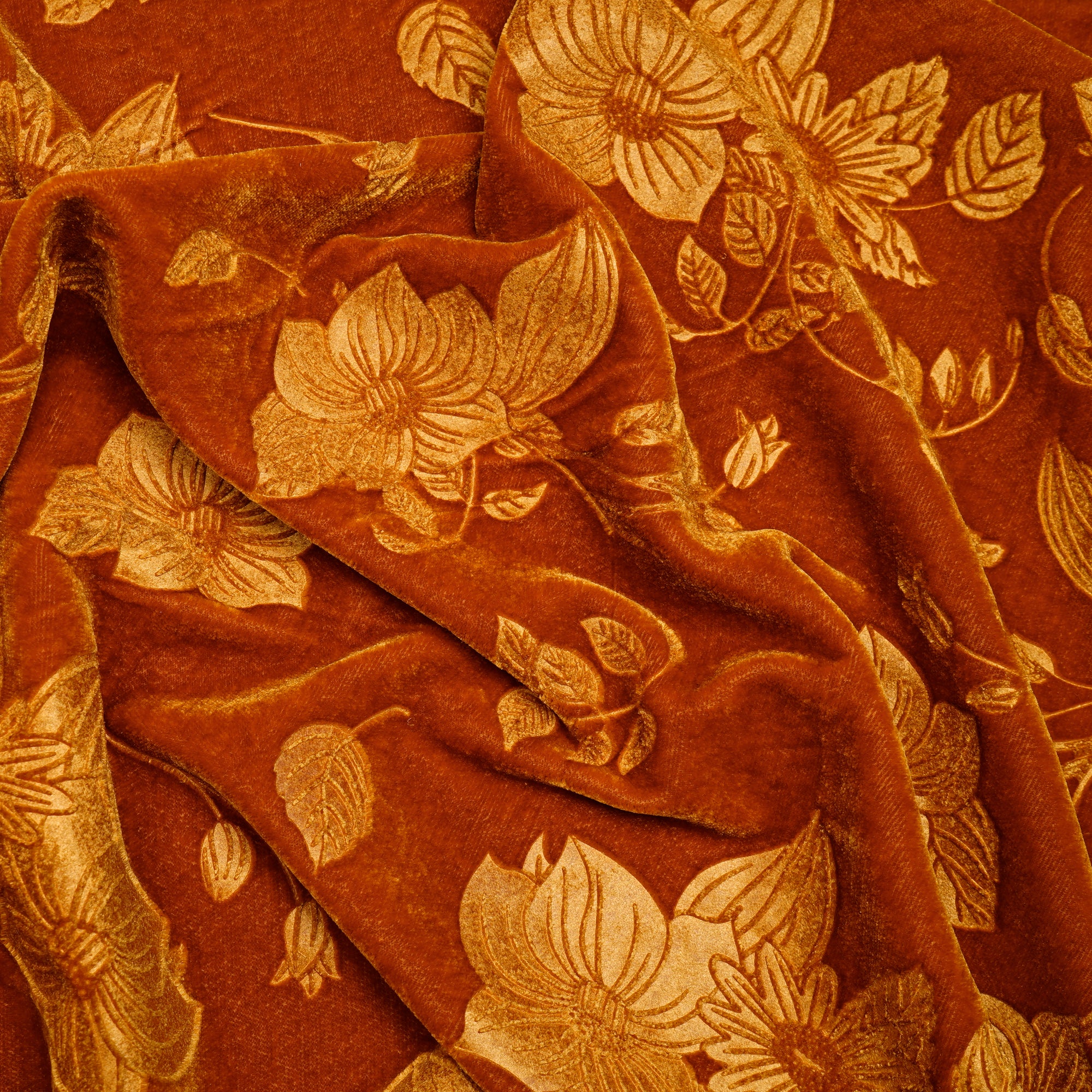Mustard Floral Pattern Premium Embossed Printed Velvet Fabric