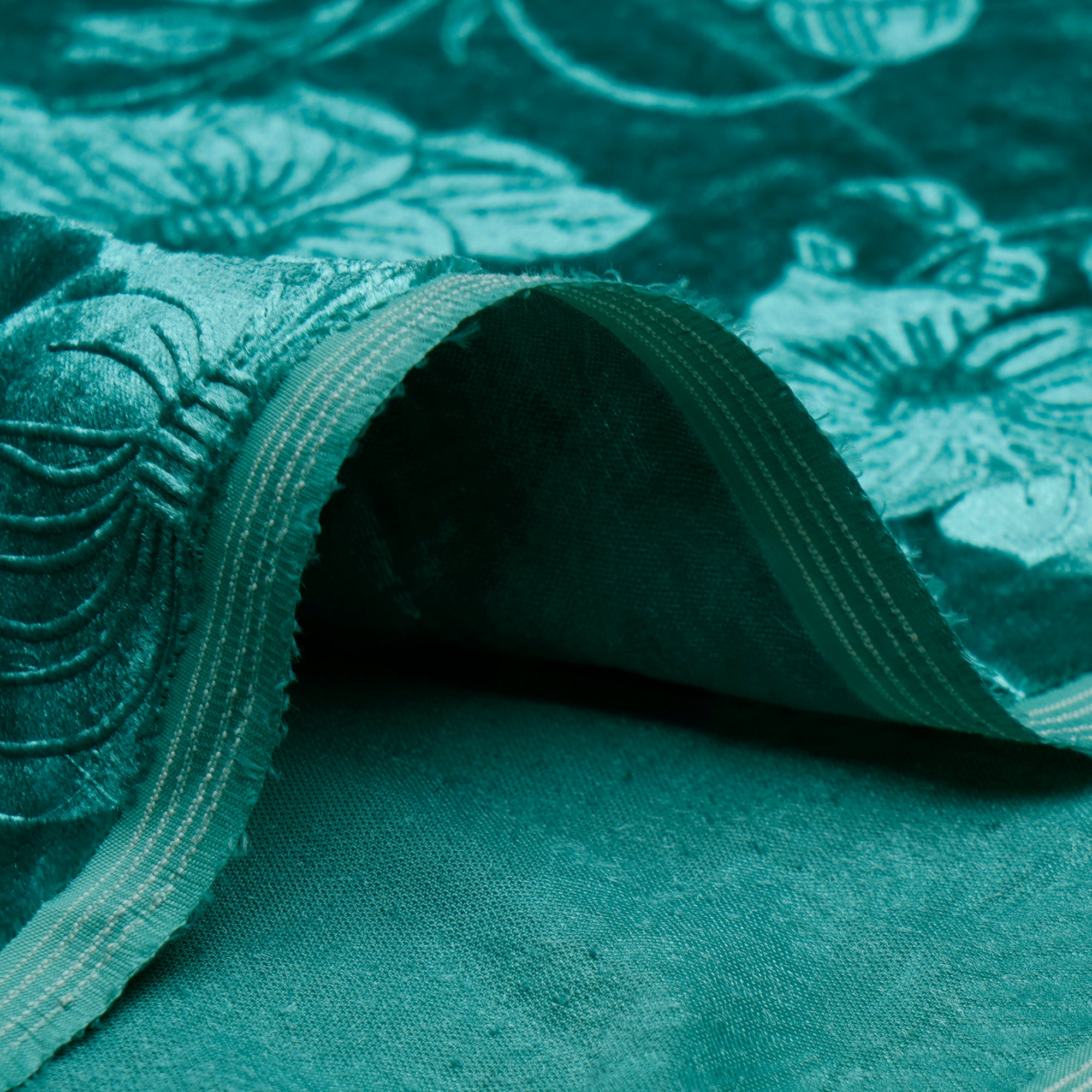 Sea Green Floral Pattern Premium Embossed Printed Velvet Fabric