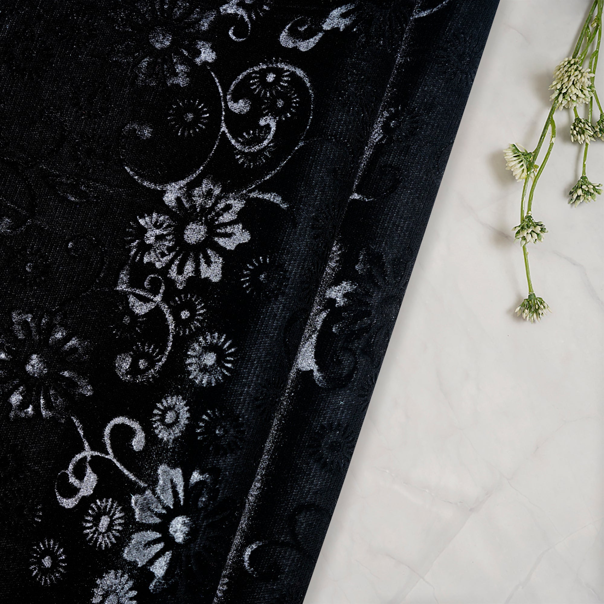 Black Floral Pattern Premium Embossed Printed Velvet Fabric