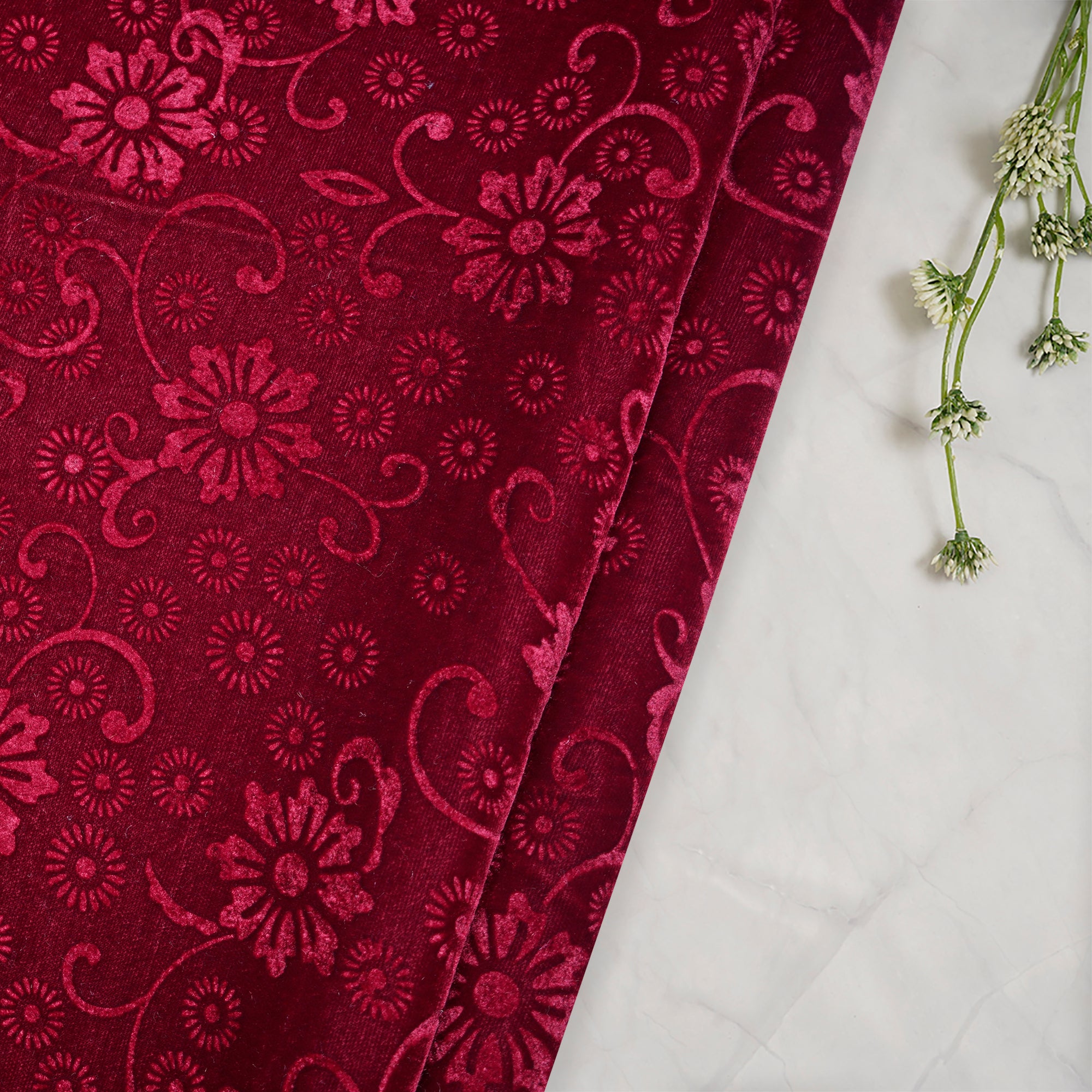 Dark Maroon Floral Pattern Premium Embossed Printed Velvet Fabric