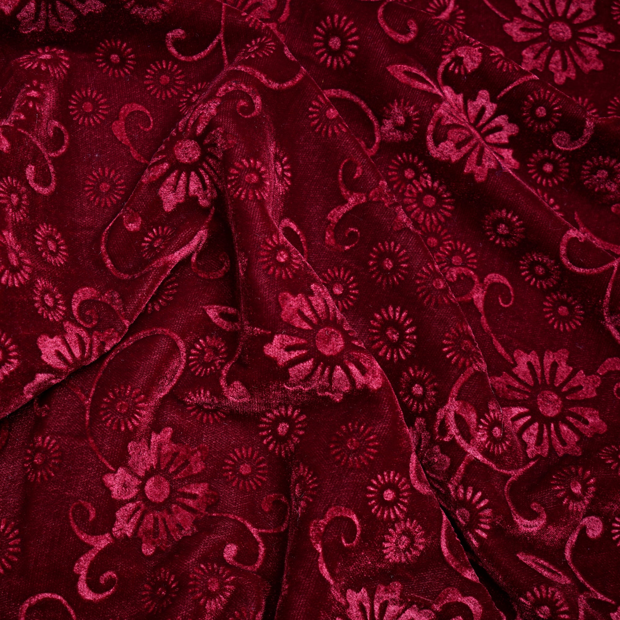 Dark Maroon Floral Pattern Premium Embossed Printed Velvet Fabric