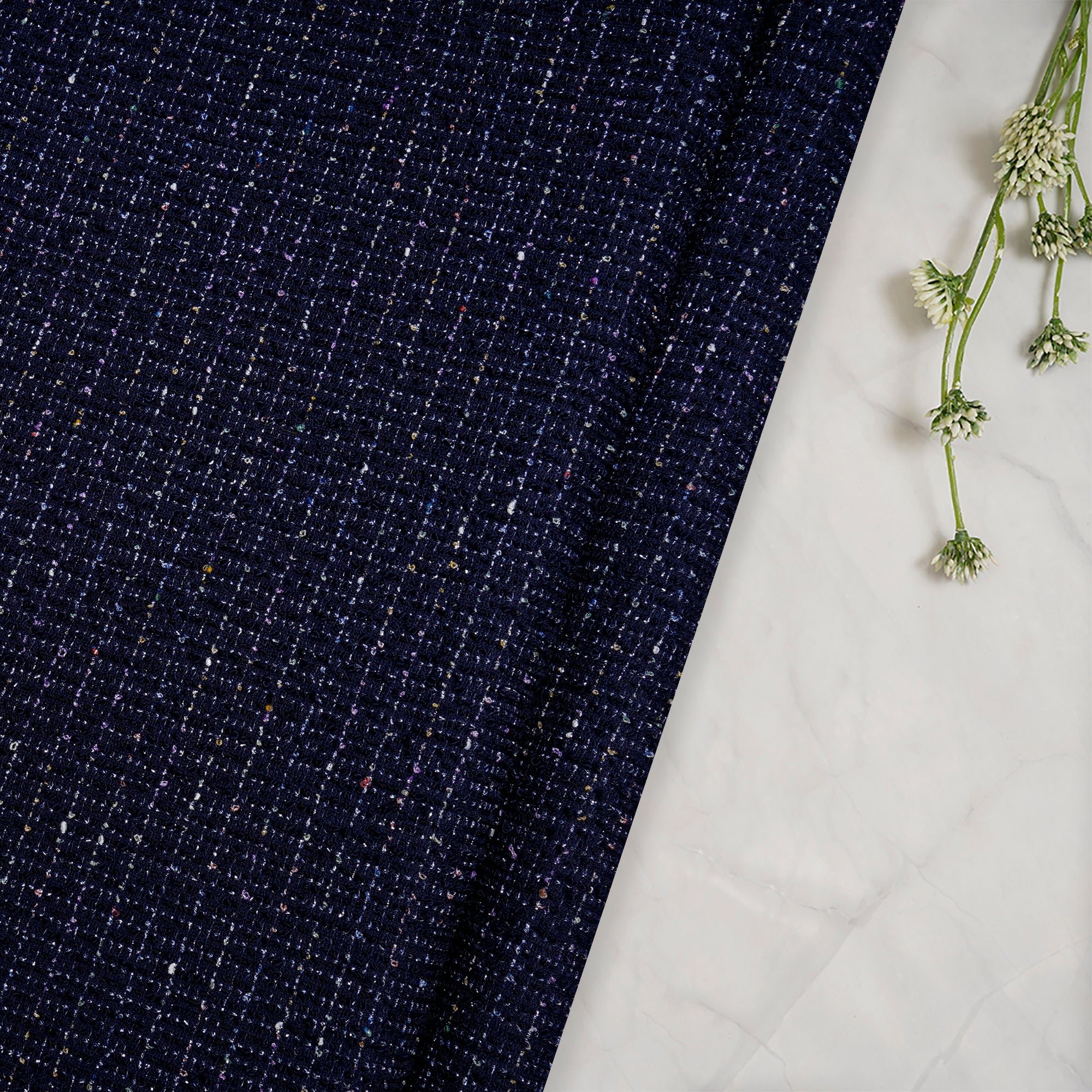 Navy Blue Premium Shimmer Imported Stretch Tweed Fabric (60" Width)