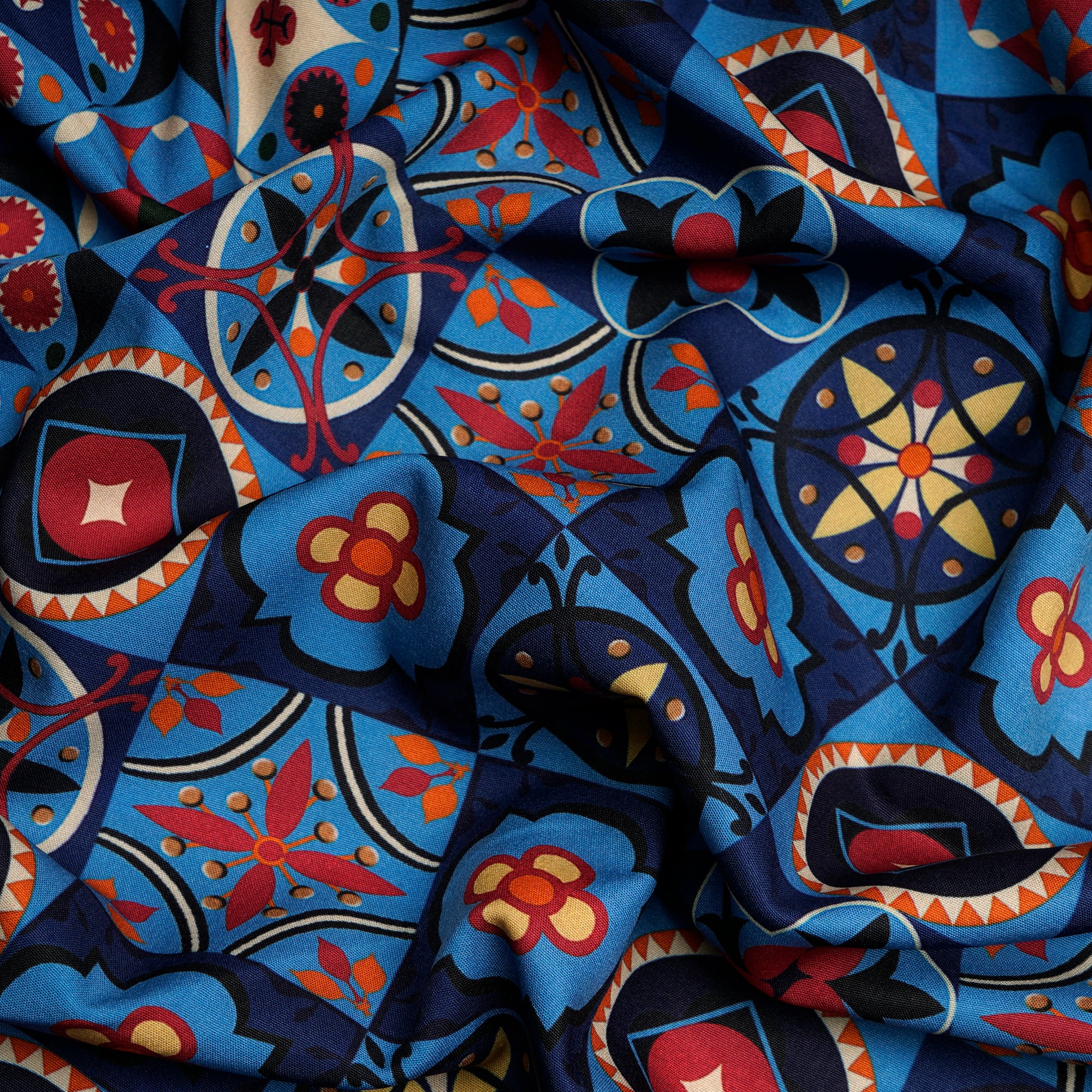Black-Blue Geometric Pattern Digital Printed Cherry Crepe Fabric (60" Width)