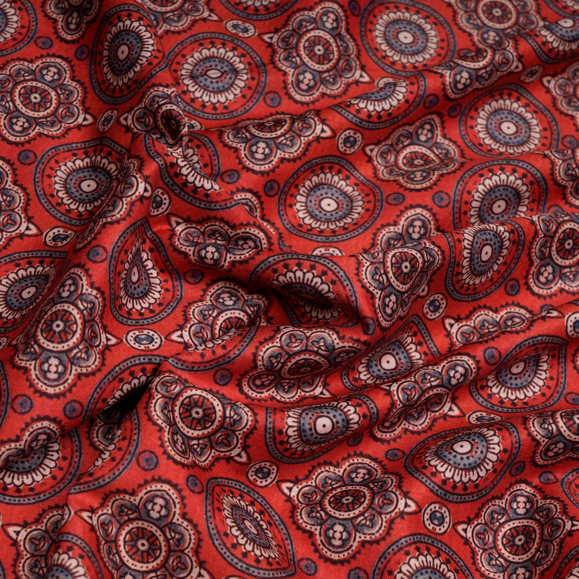 Poppy Red Traditional Pattern Digital Printed Cherry Crepe Fabric (60" Width)