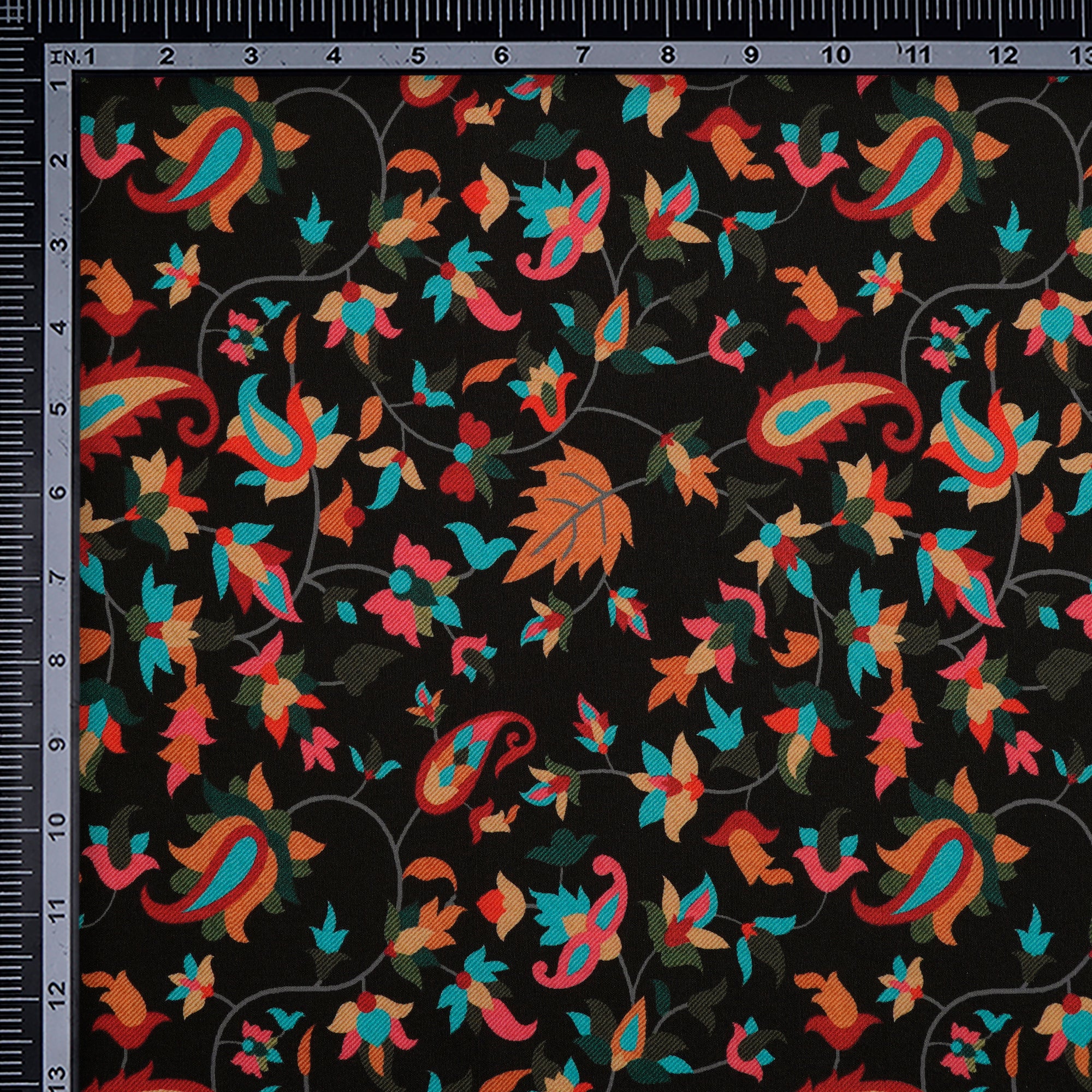 Black Floral Pattern Digital Printed Cherry Crepe Fabric (60" Width)