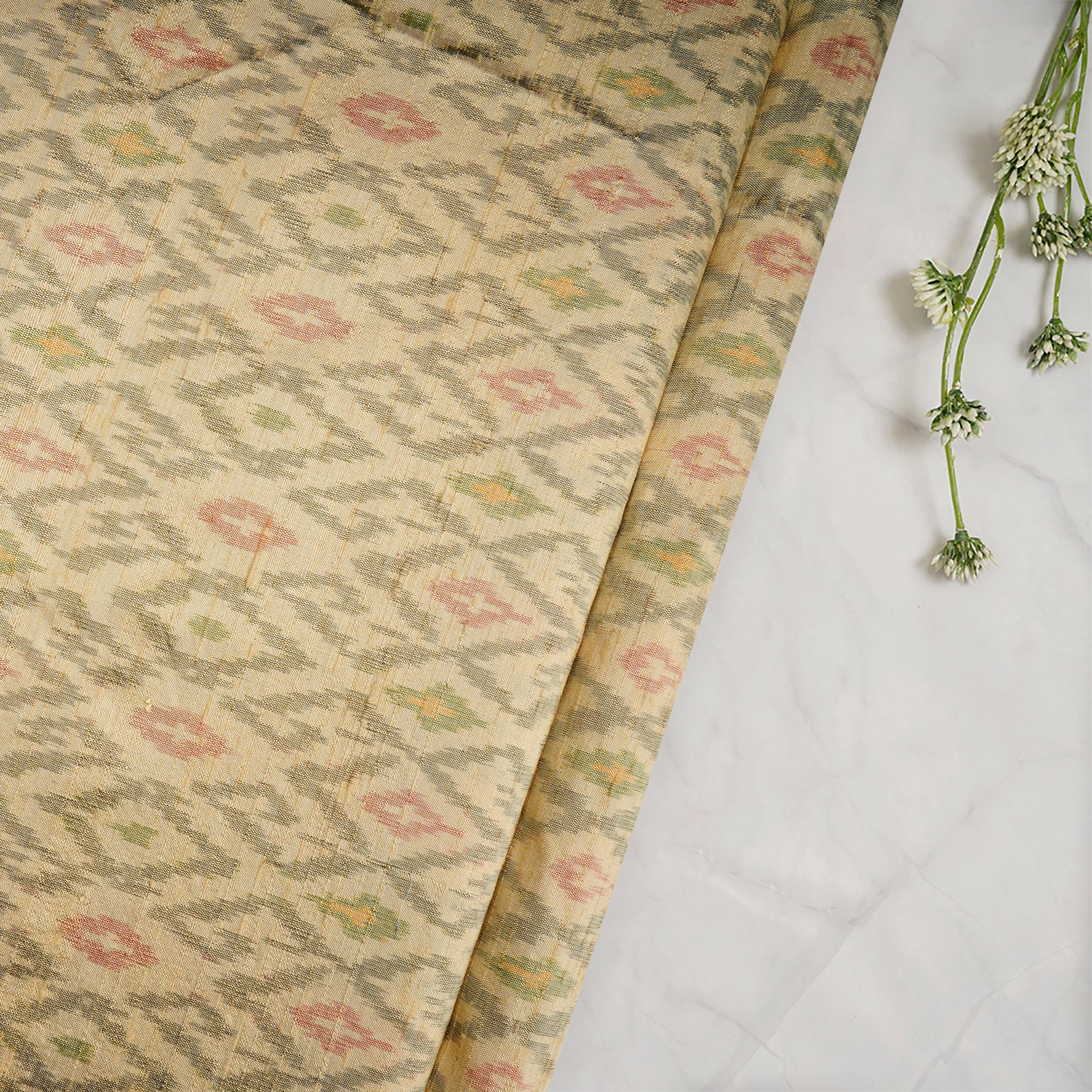 Cream Handwoven Pure Dupion Silk Ikat Fabric