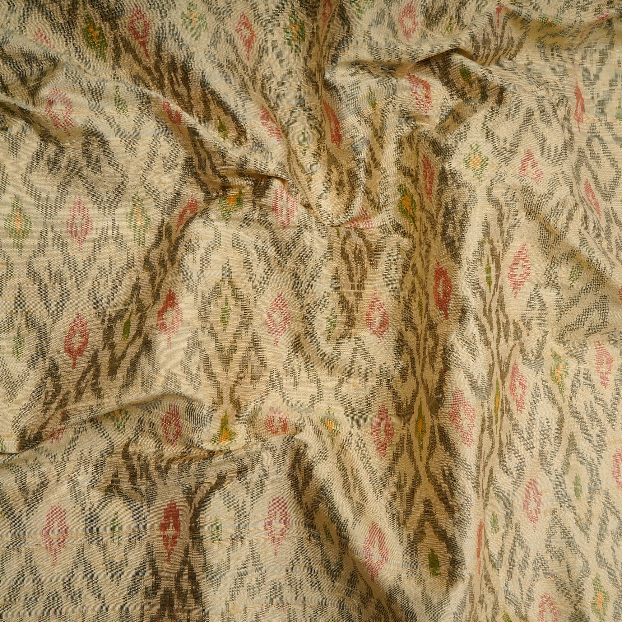 Cream Handwoven Pure Dupion Silk Ikat Fabric