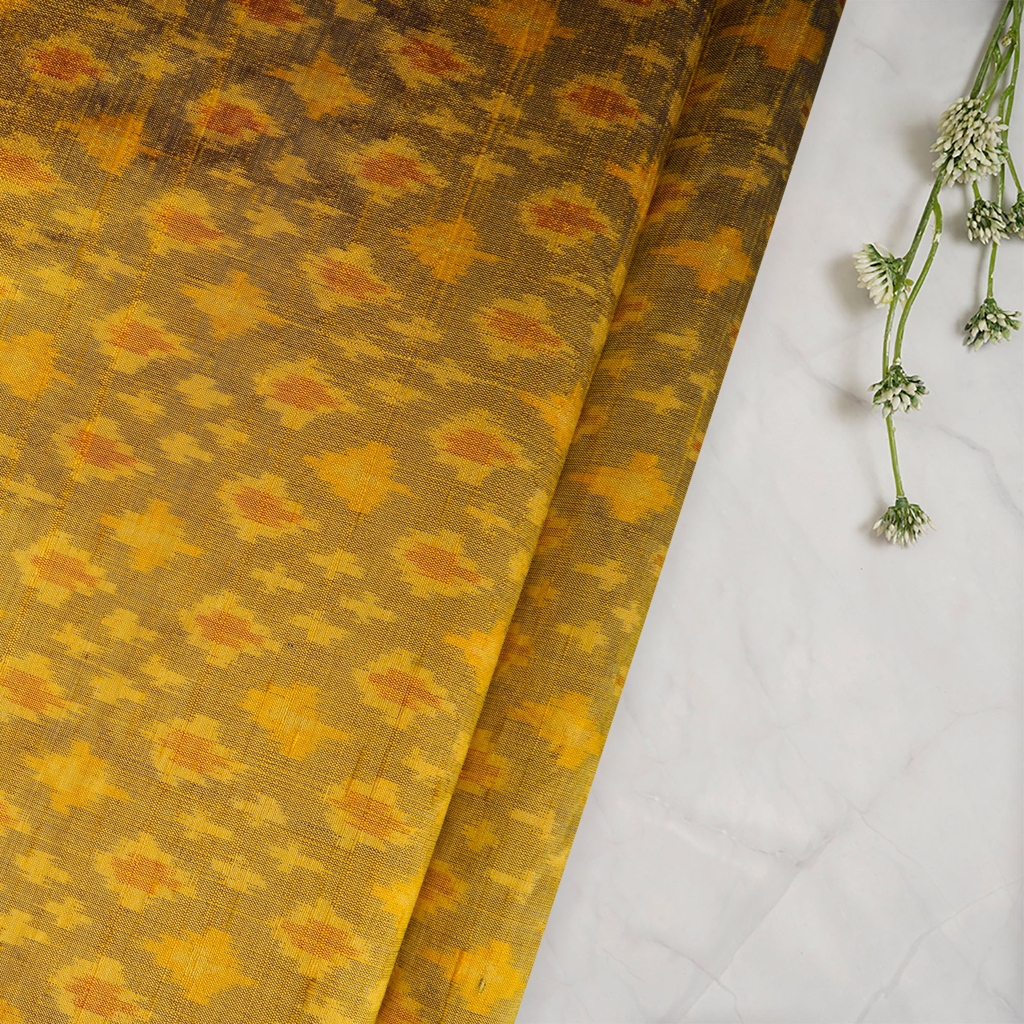 Old Gold Handwoven Pure Dupion Silk Ikat Fabric