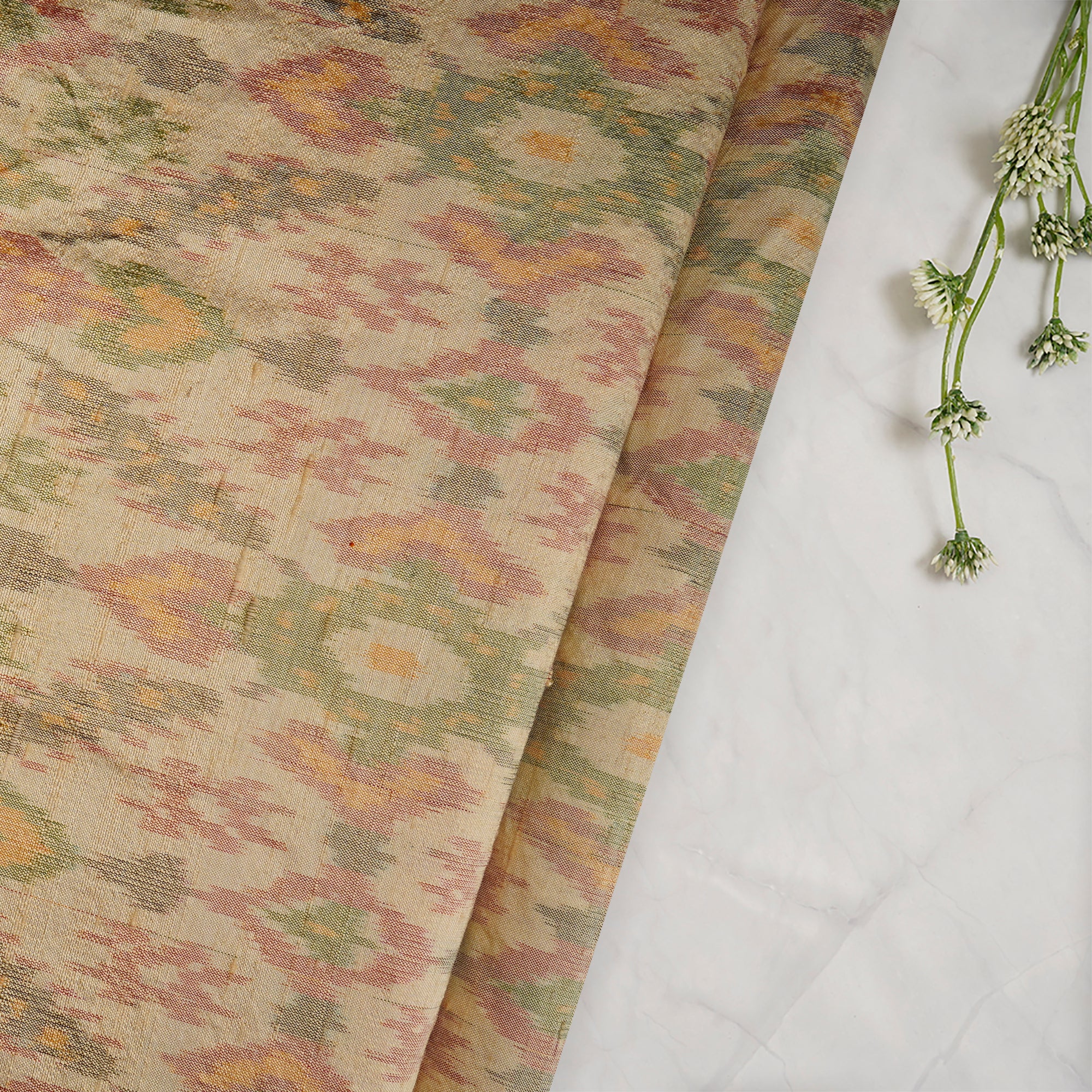 Cream Handwoven Pure Dupion Silk Ikat Fabric