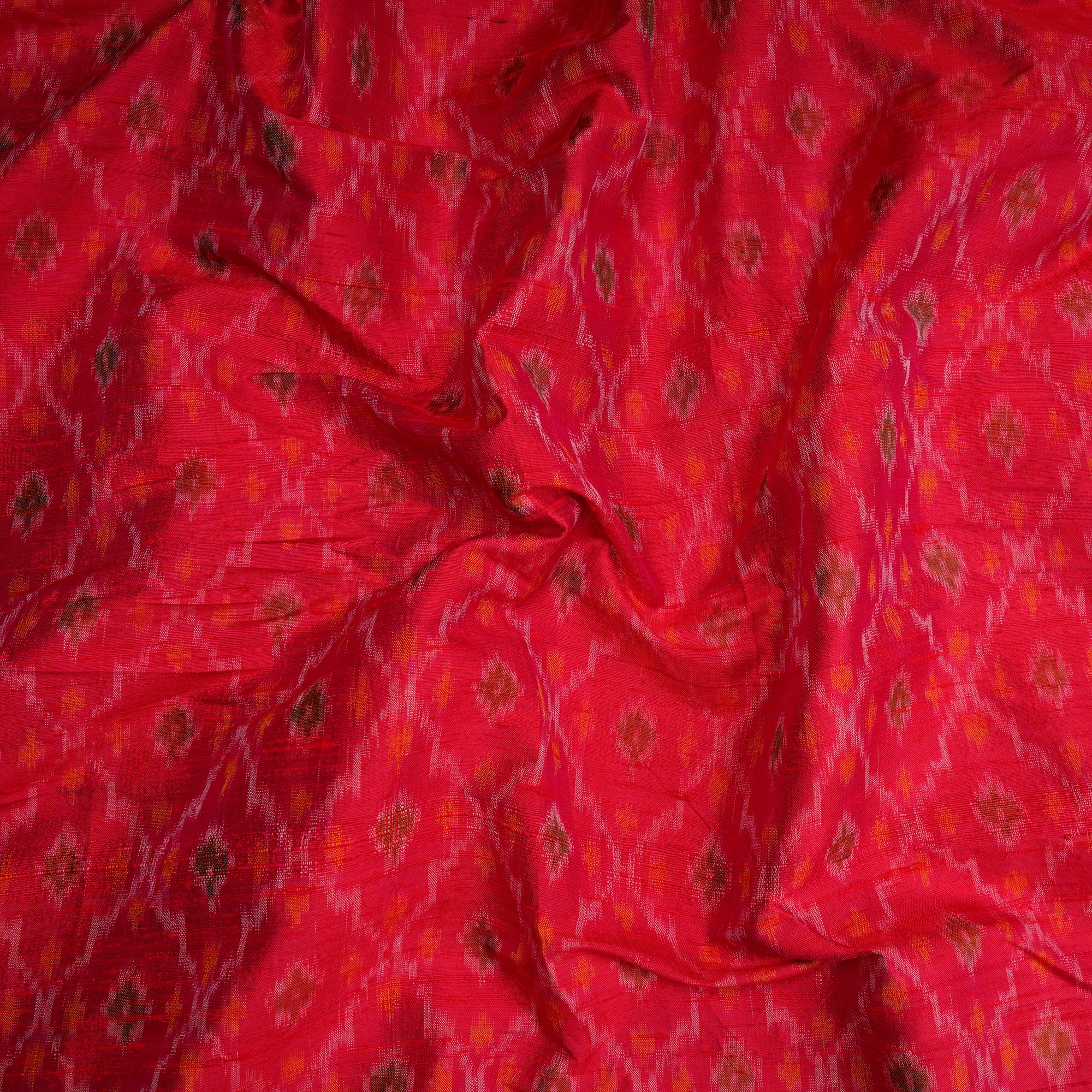 Red Handwoven Pure Dupion Silk Ikat Fabric