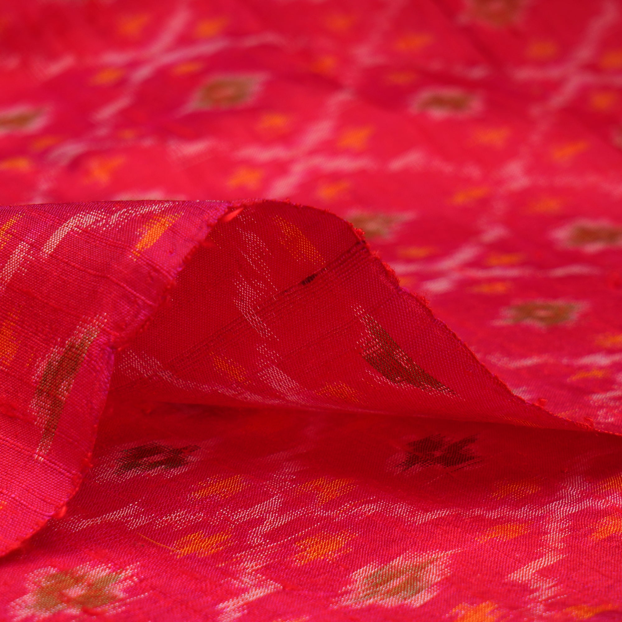 Red Handwoven Pure Dupion Silk Ikat Fabric