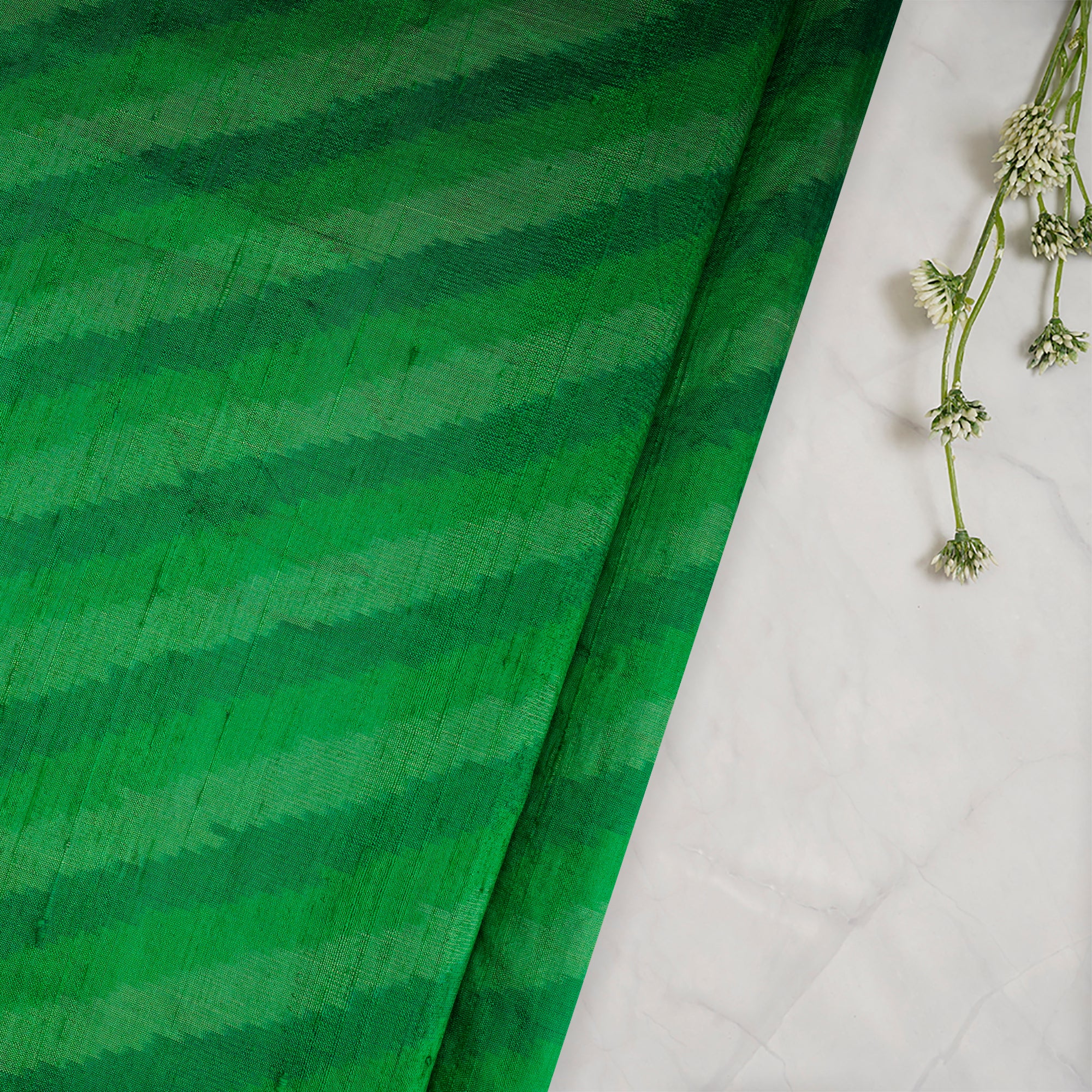 Kelly Green Handwoven Pure Dupion Silk Ikat Fabric