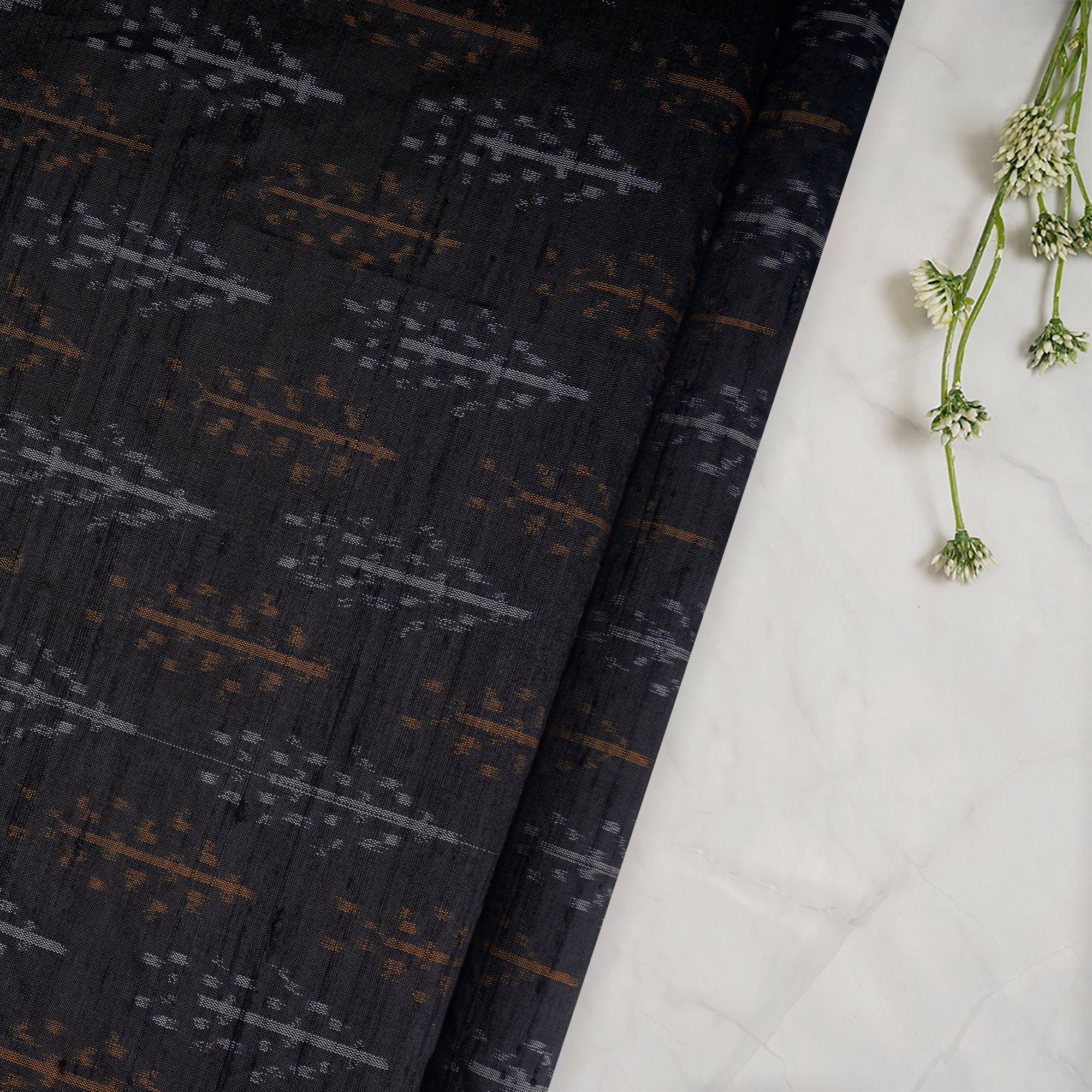 Black Handwoven Pure Dupion Silk Ikat Fabric